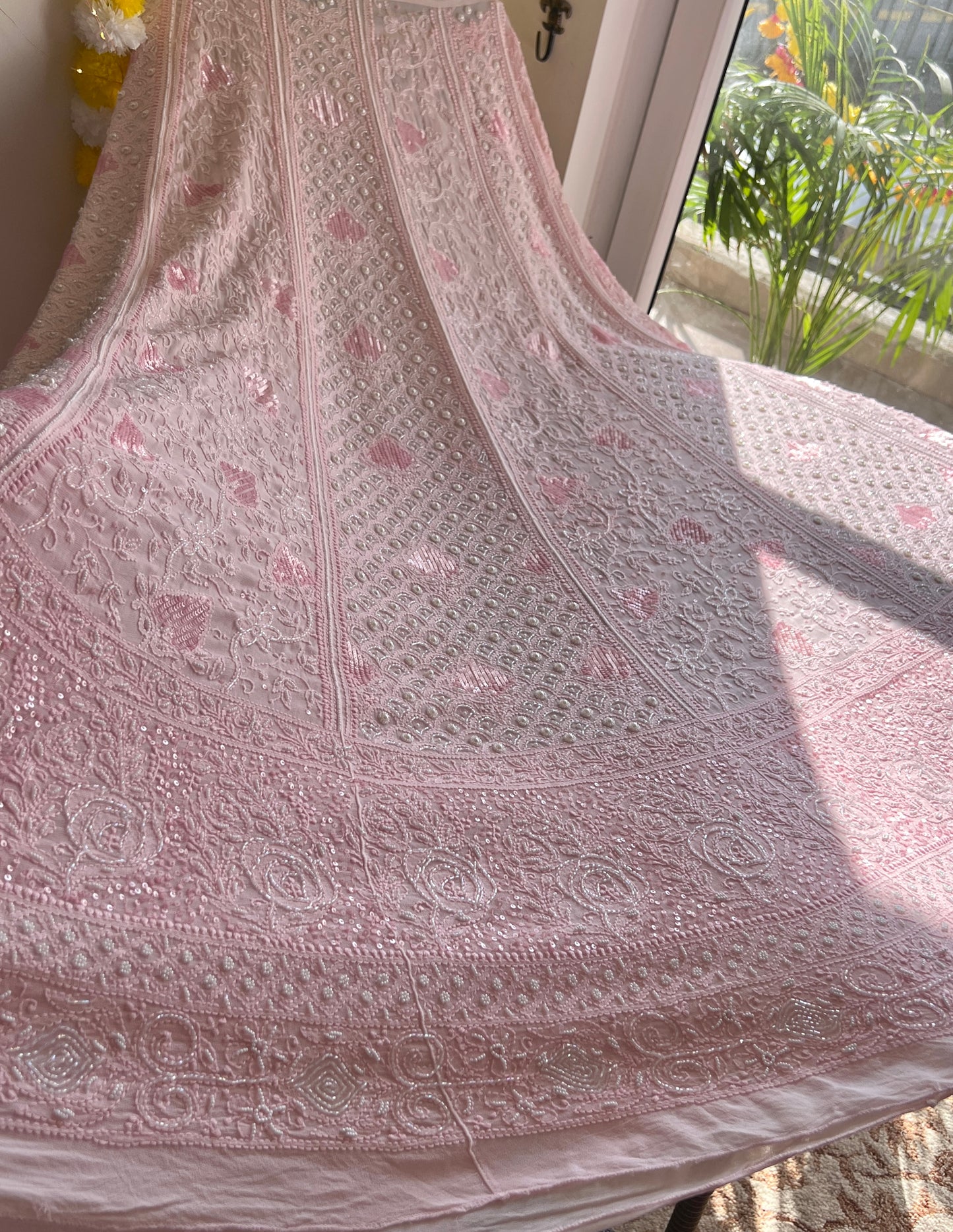 Ruhani Peachish Pink Chikankari Cut Dana Sequins Wedding Lehenga