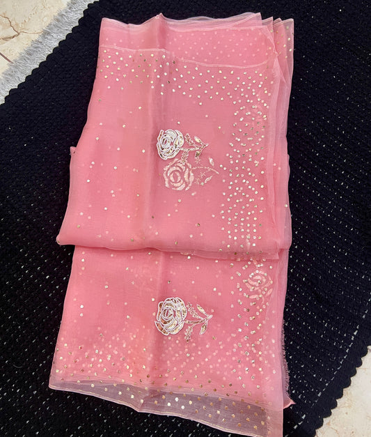 Rose Pink Pure Organza Saree with Pearl Badla and Mukaish Work