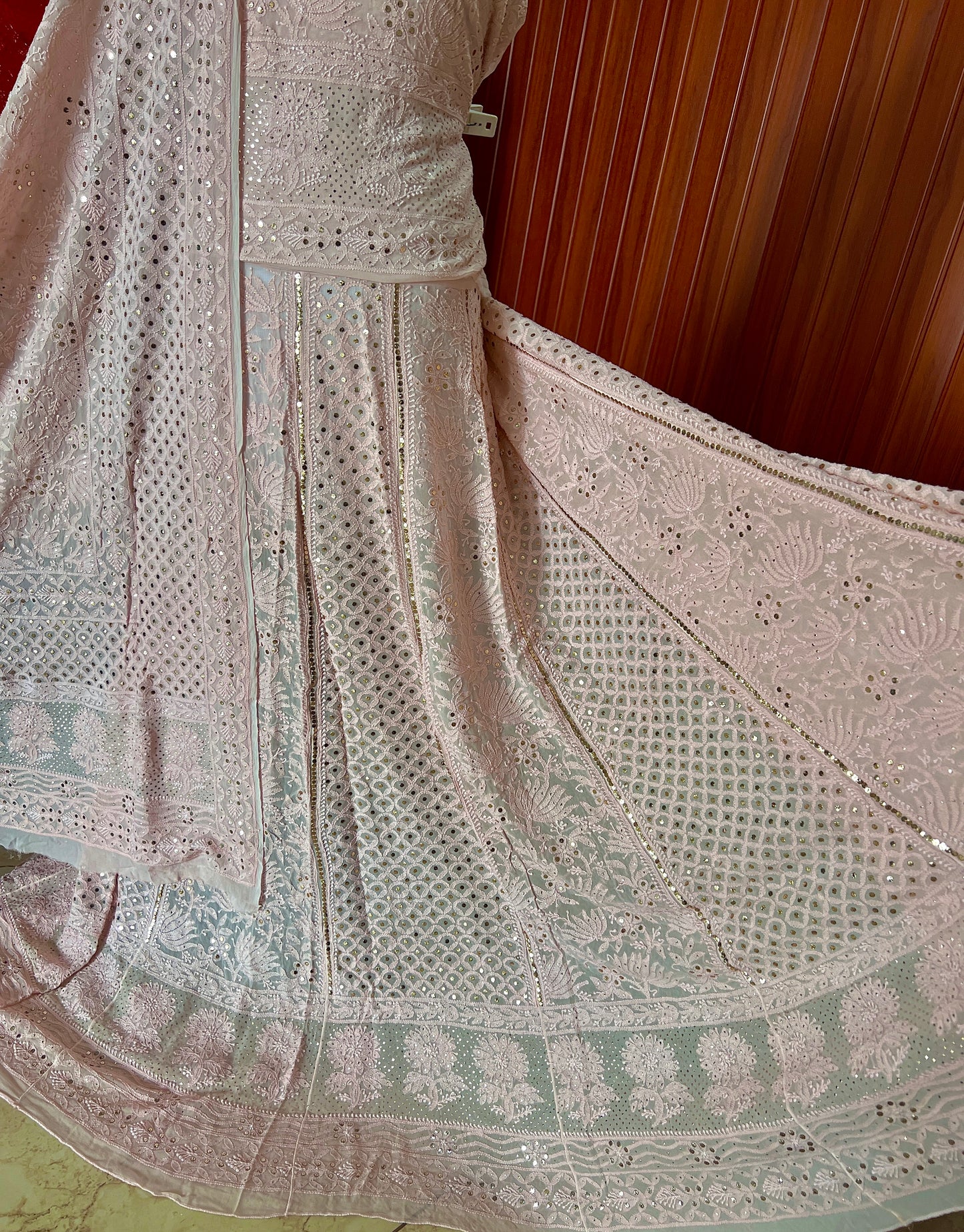 Dusty pink allover Chikankari and mukaish lehenga set