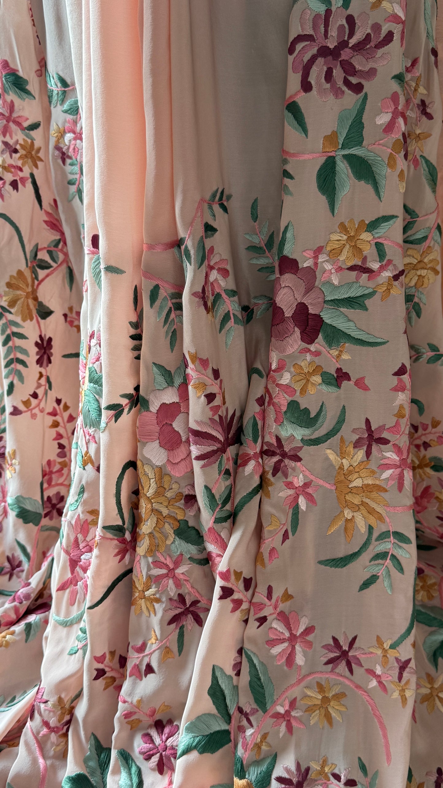 Blush Peach floral Masterpiece Parsi Gara Pure Crepe Saree
