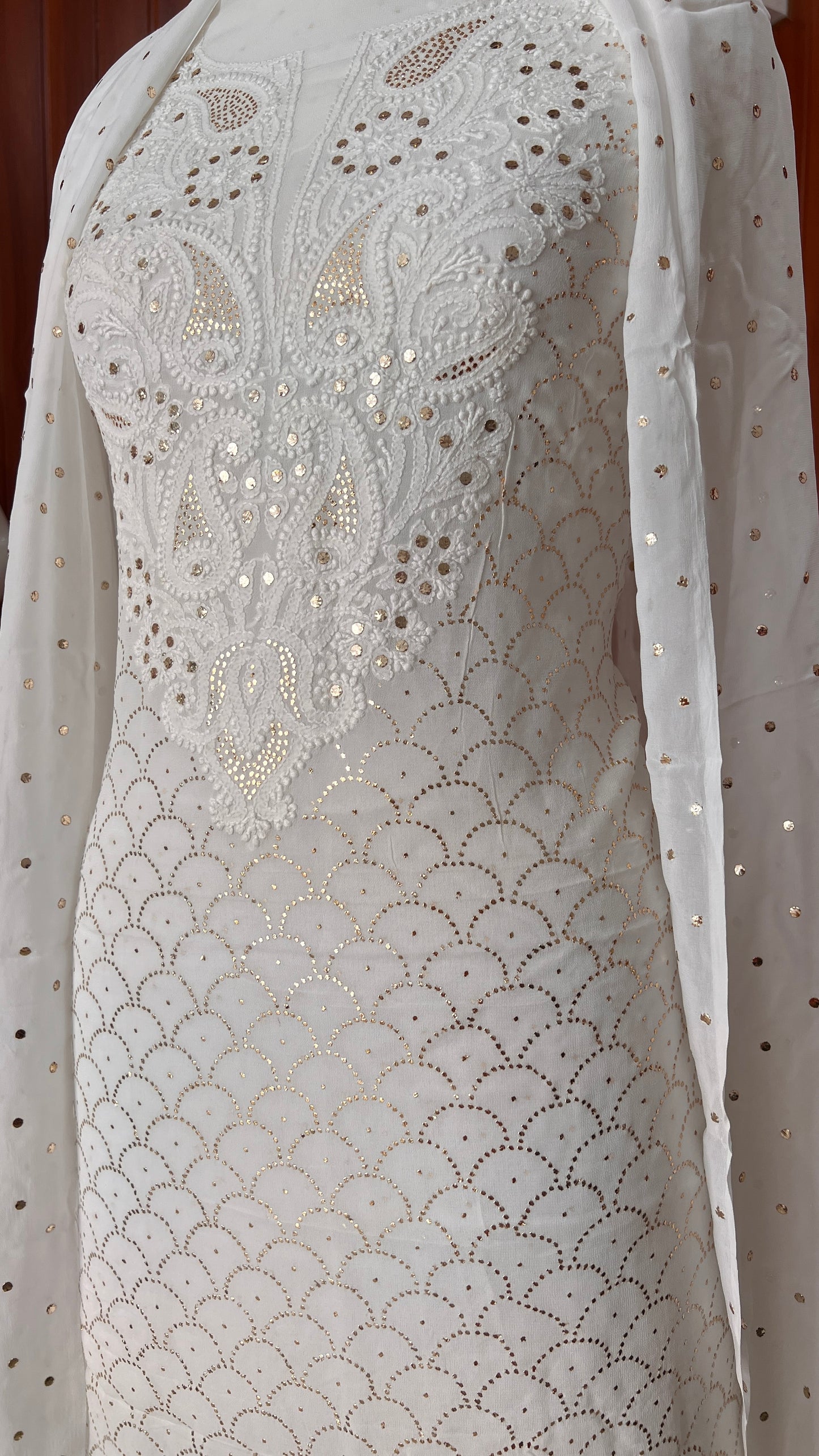 White chikankari and heavy mukaish Work Kurta and Dupatta Set
