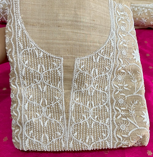 Pure Tussar silk Chikankari and pearl embroidered kurta and dupatta