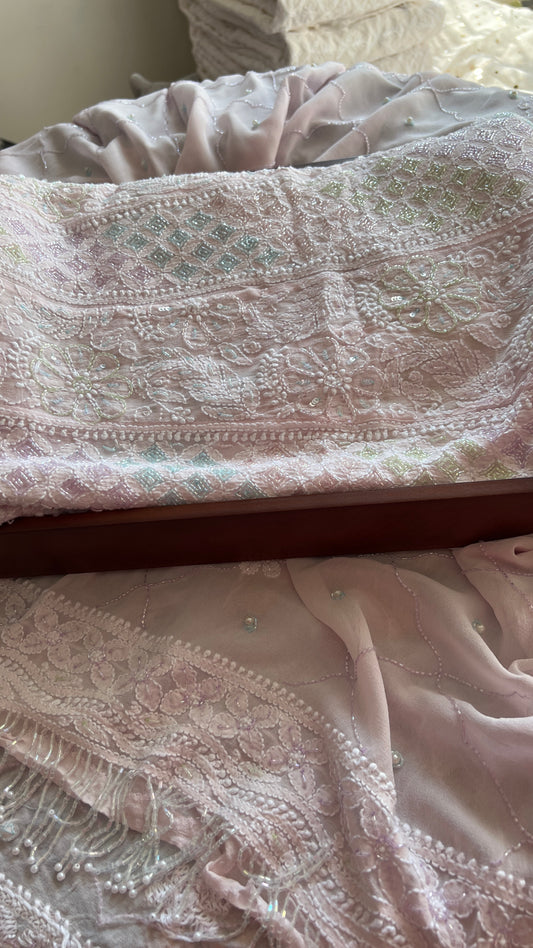 Ruhani Light Pink Chikankari multicolored Sequins and Cut Dana Anarkali