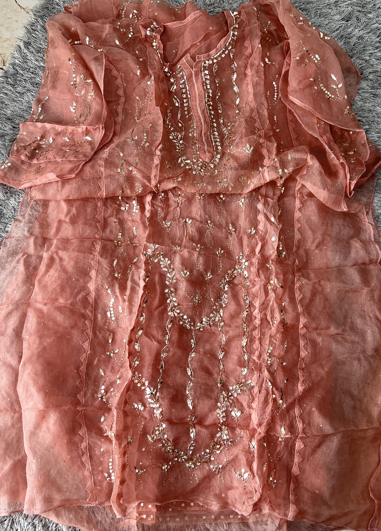 Old Rose Pink Badla Mukaish work Pure Organza kurta with dupatta