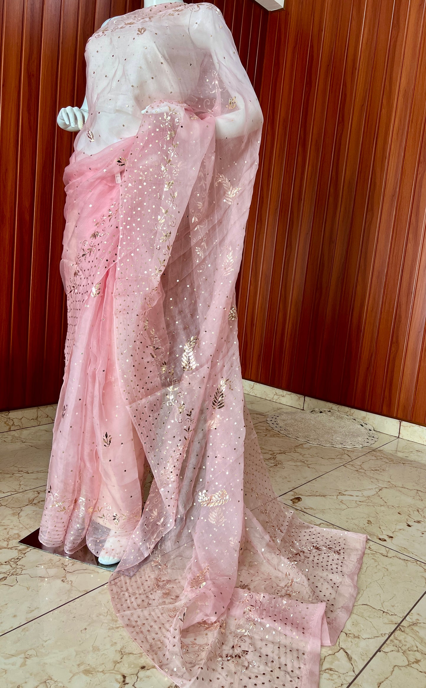 Ruhani Blush Pink Pure Organza Saree with Badla and Mukaish Work