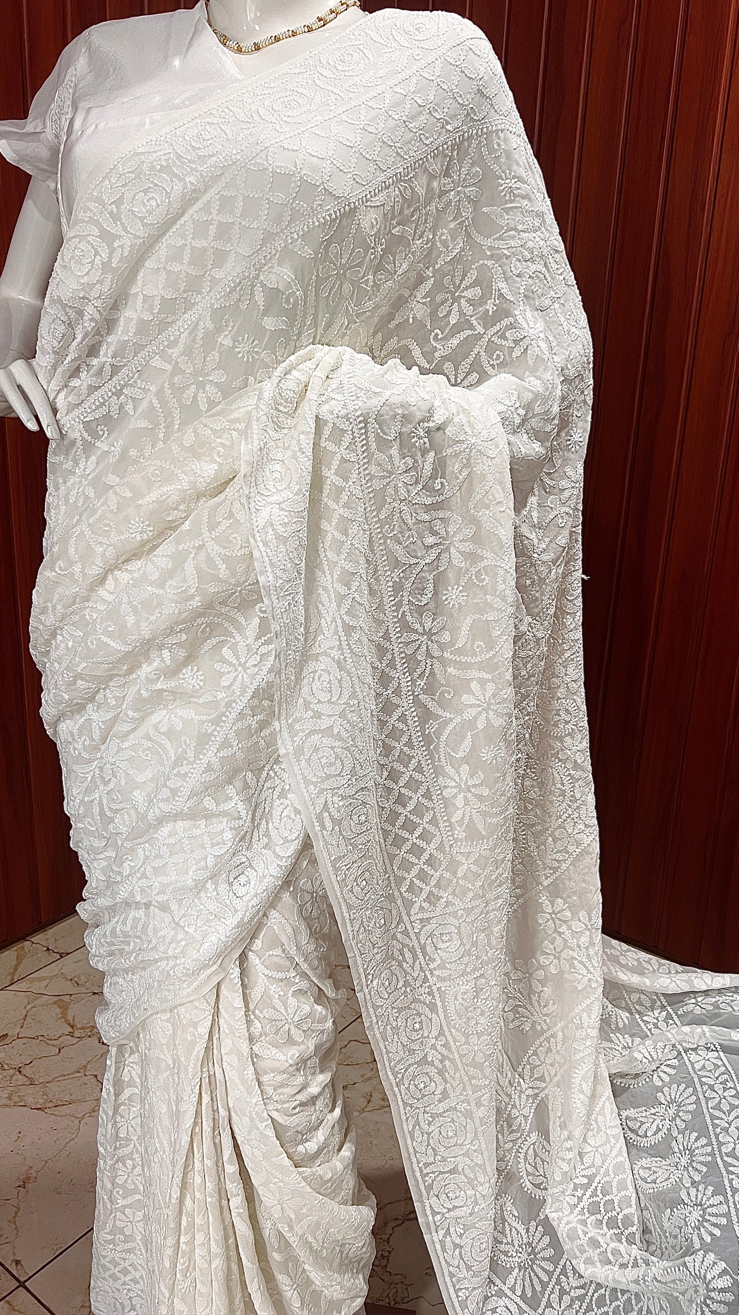 Ruhani Off White Allover fine Chikankari Hand Embroidered Saree