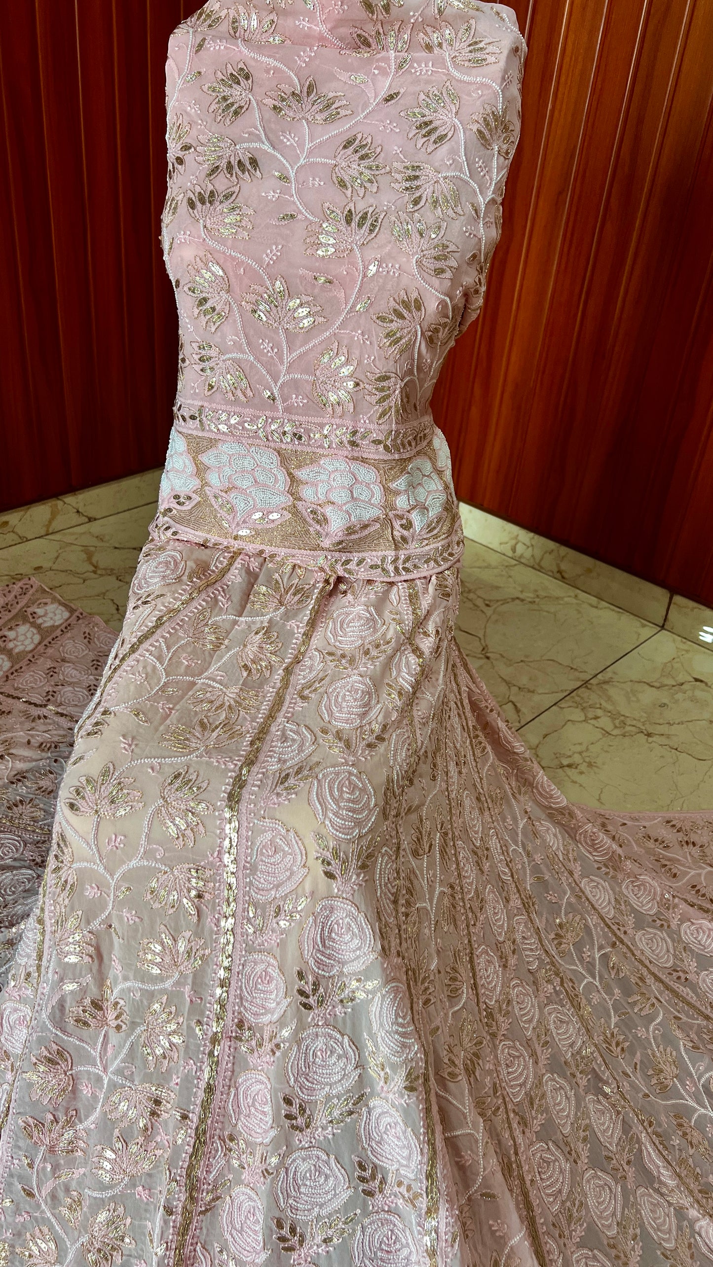 Ruhani Pink Chikankari Gota Patti and Pearl Wedding Lehenga