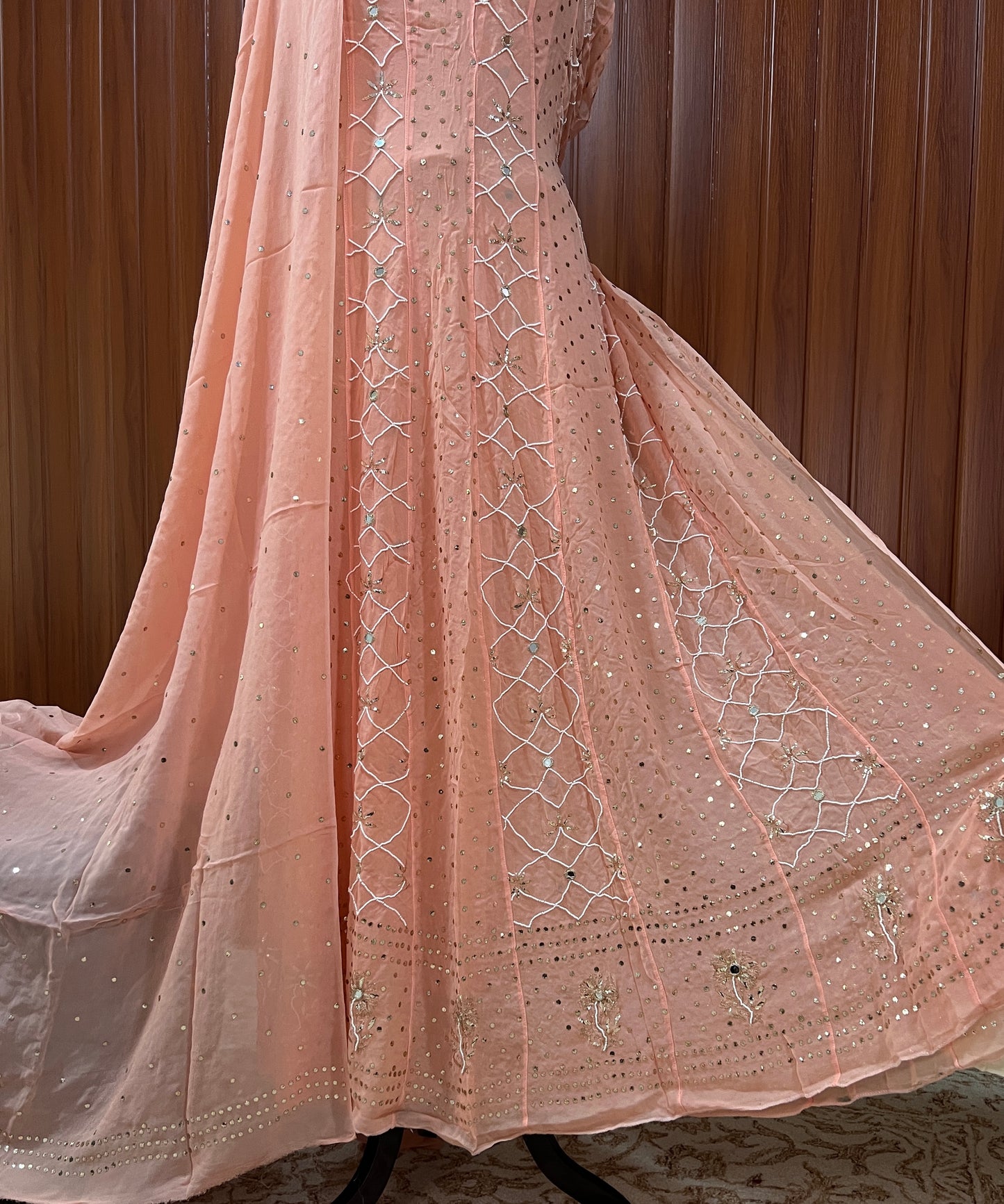 Peach Allover Mukaish and Pearl work Anarkali with Dupatta