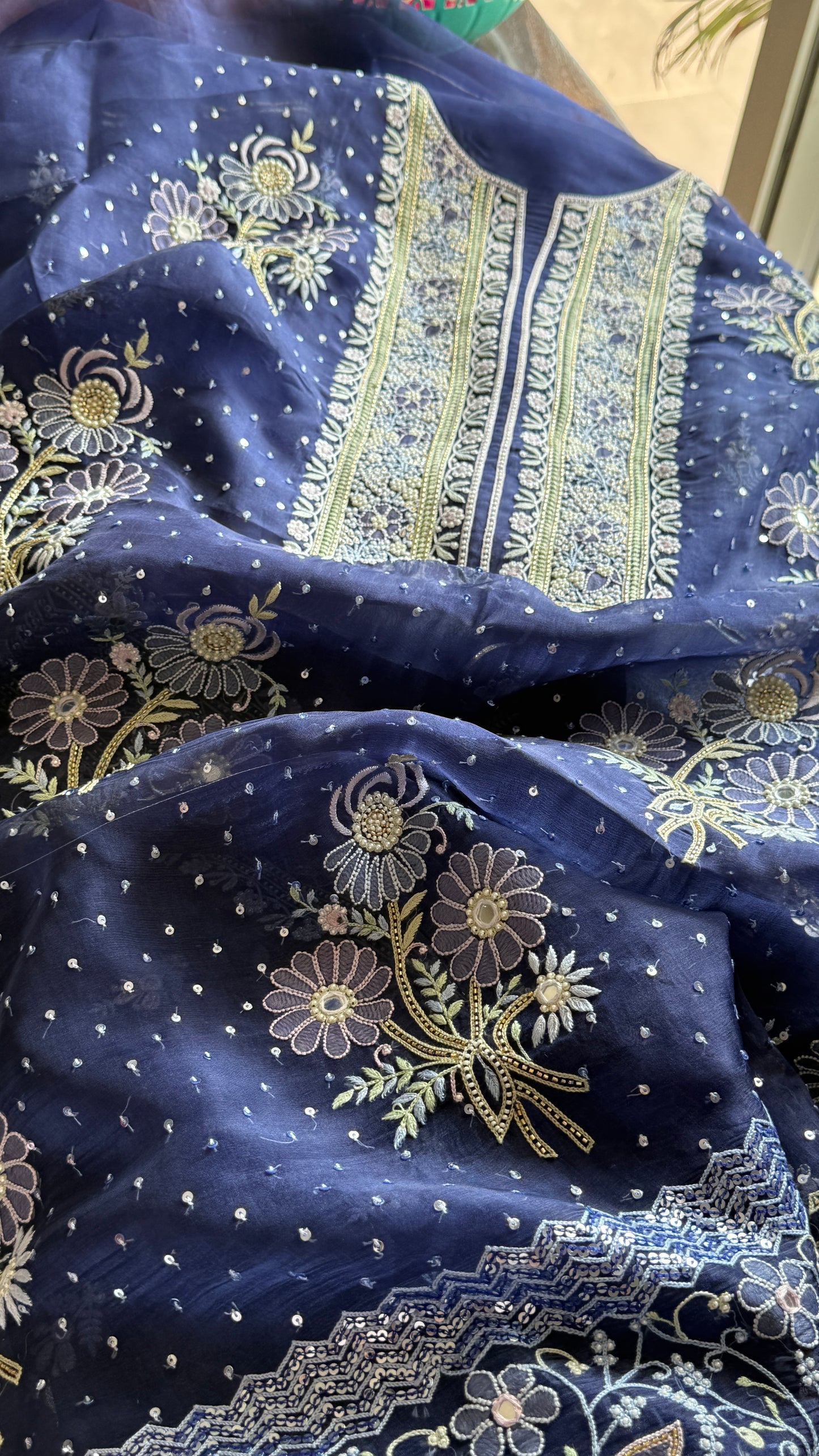 Ruhani Navy Blue fine Chikankari pure Organza kurta with dupatta