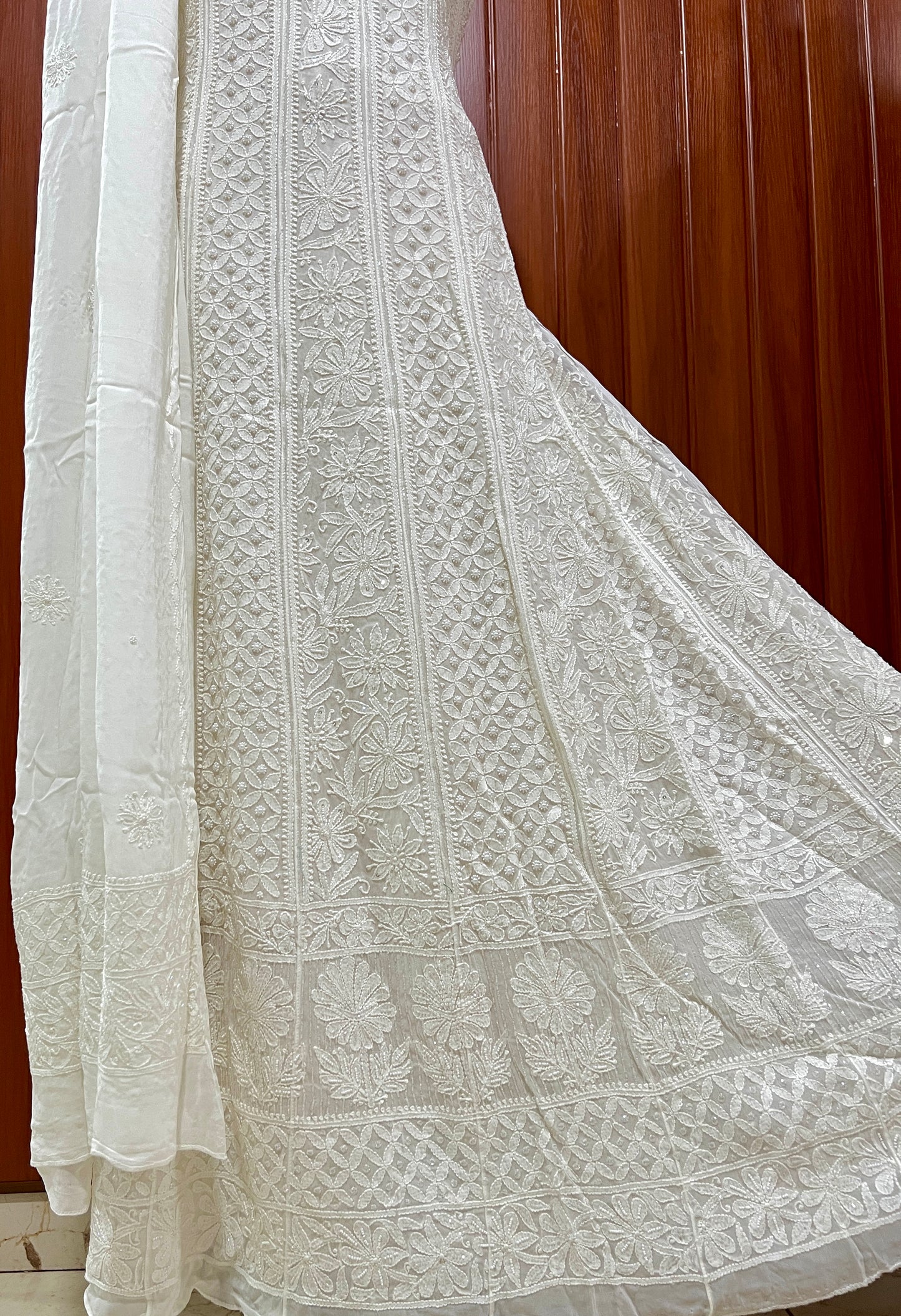 White Chikankari Pearl Cut Dana Anarkali with Dupatta