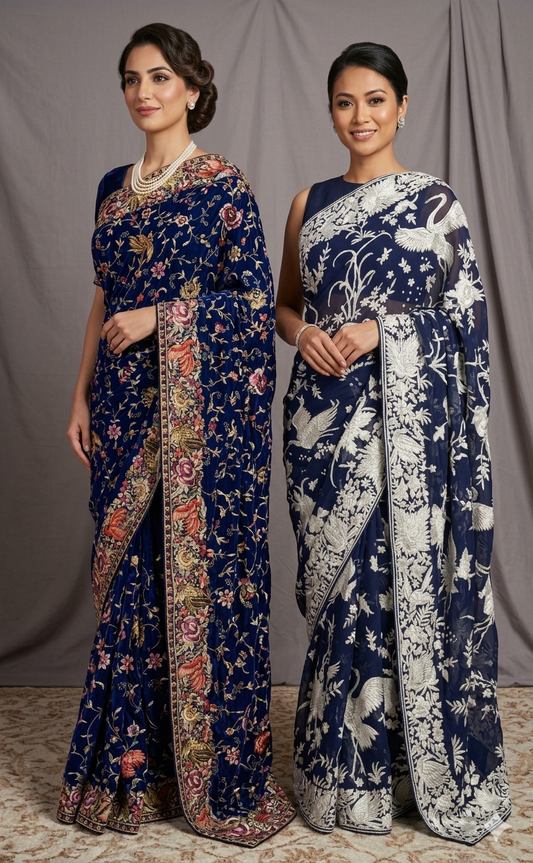 Navy Blue Masterpiece Parsi Gara Pure Crepe Saree