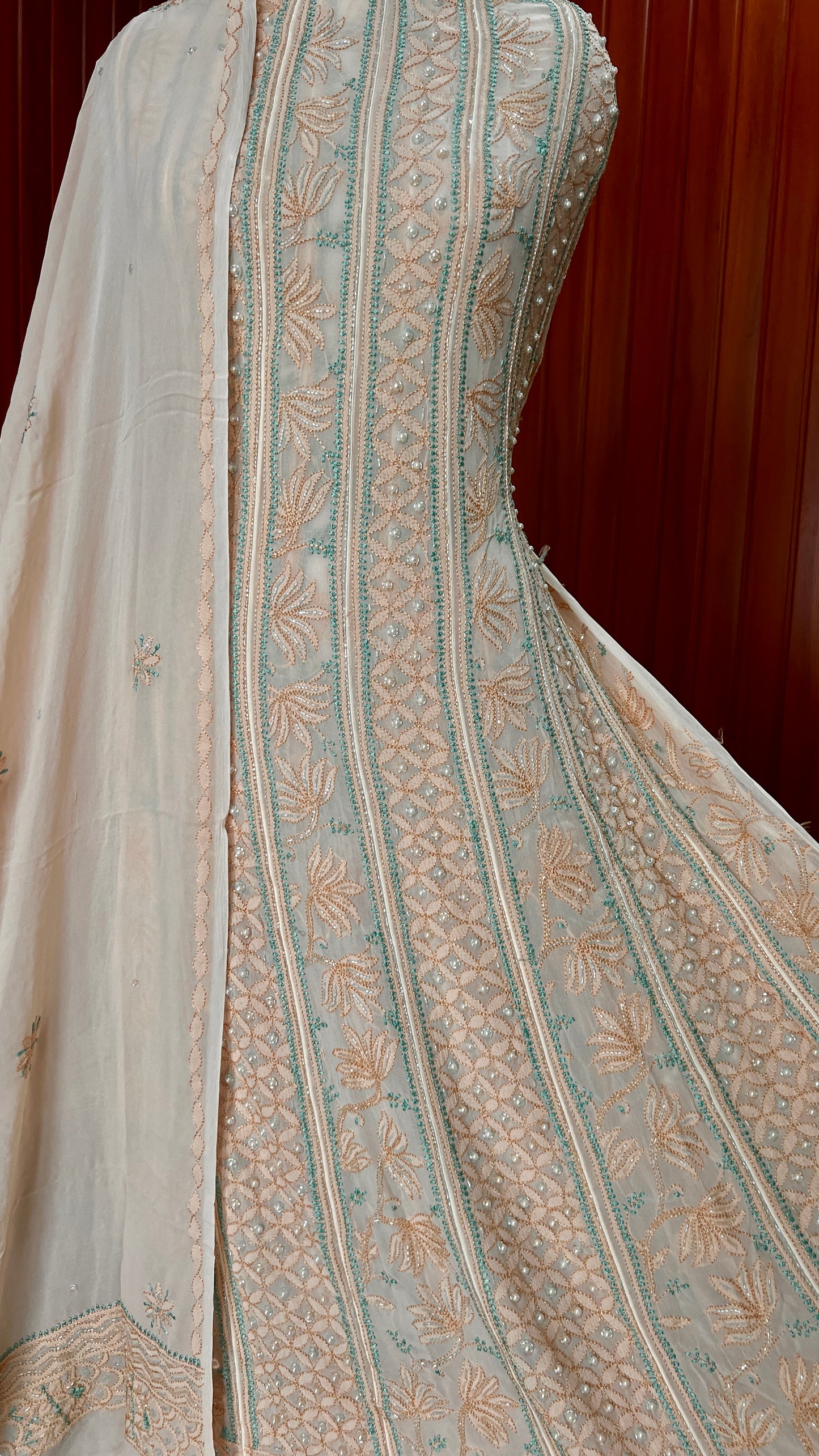 Beige Resham Chikankari Pearl Embroidered Anarkali with Dupatta
