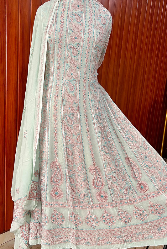 Sea Green Resham Chikankari Embroidered Anarkali with Dupatta
