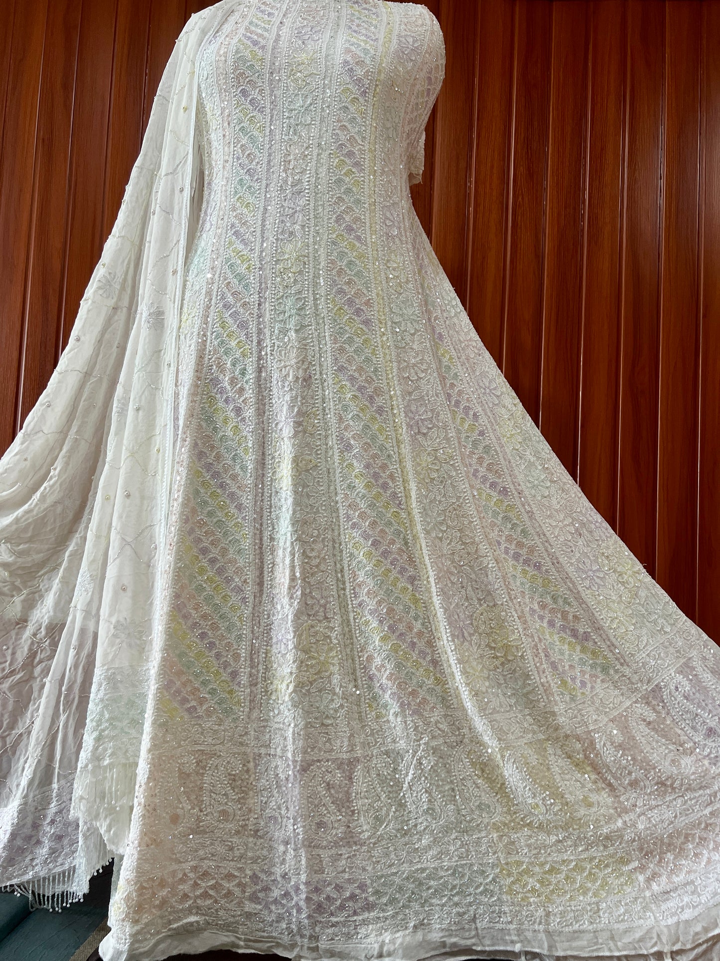 Ivory Chikankari multicolored Sequins and Cut Dana Anarkali