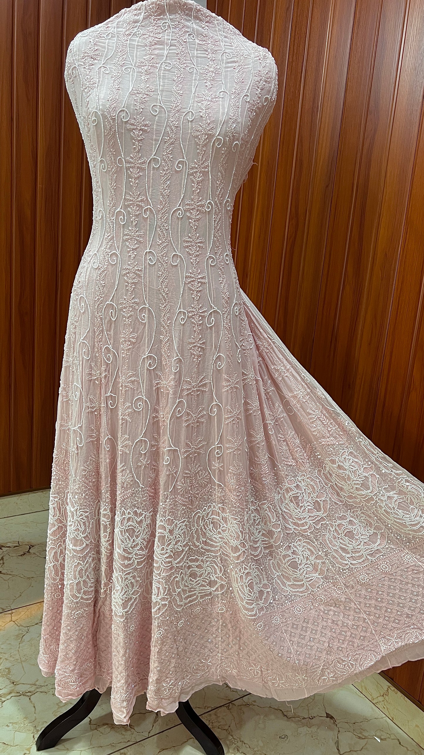 Ruhani Pink fine Chikankari Pearl Sequins Anarkali