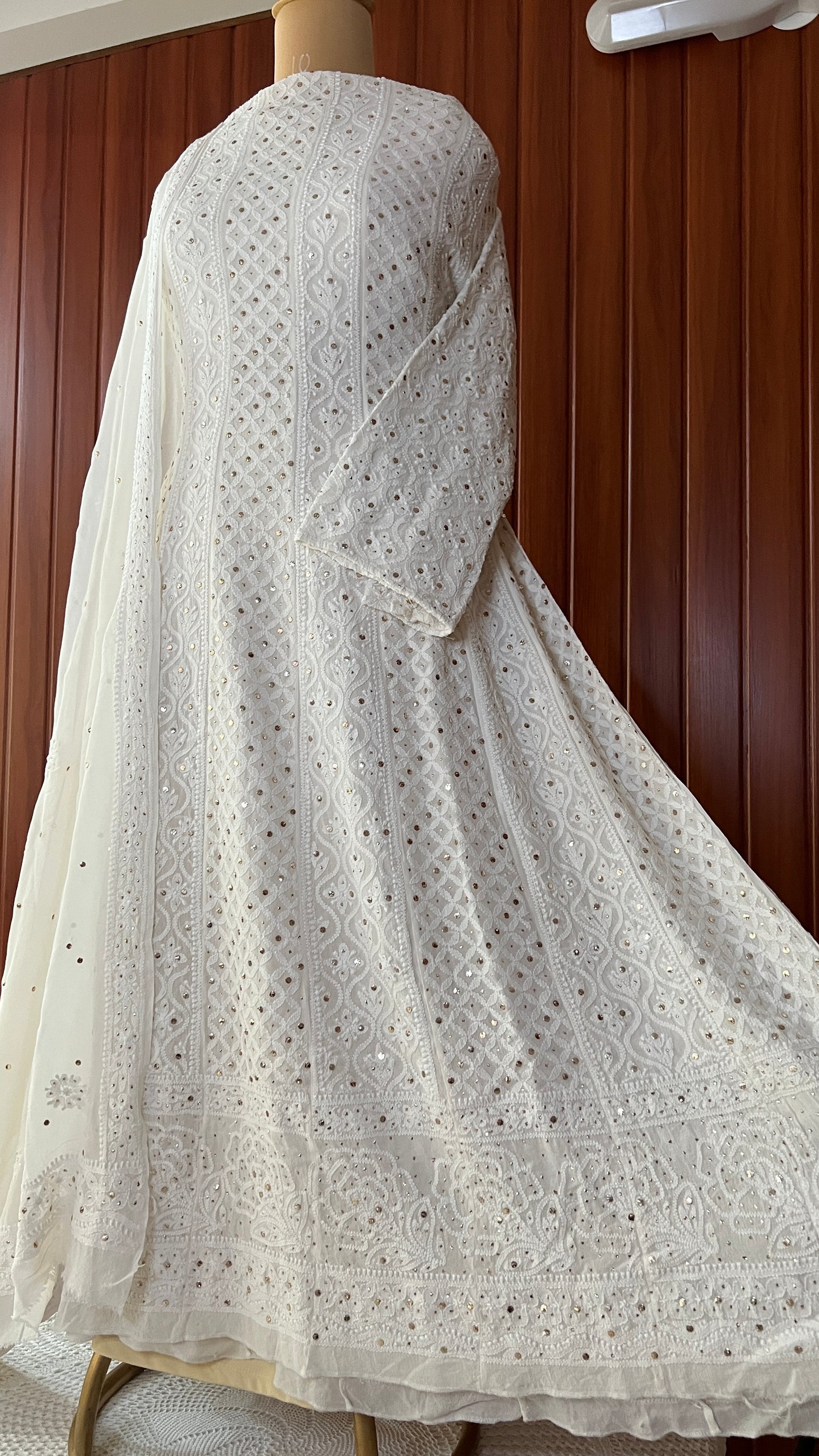 Ivory allover Chikankari and mukaish anarkali with dupatta