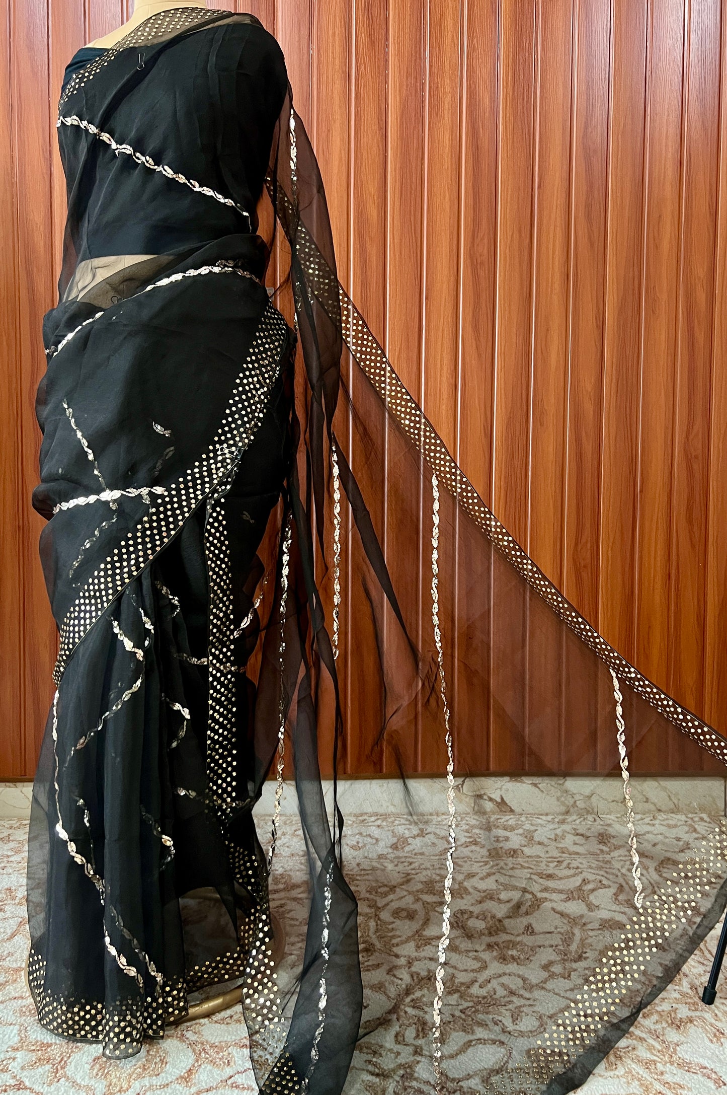 Black Pure Organza Saree with Badla and Mukaish Work