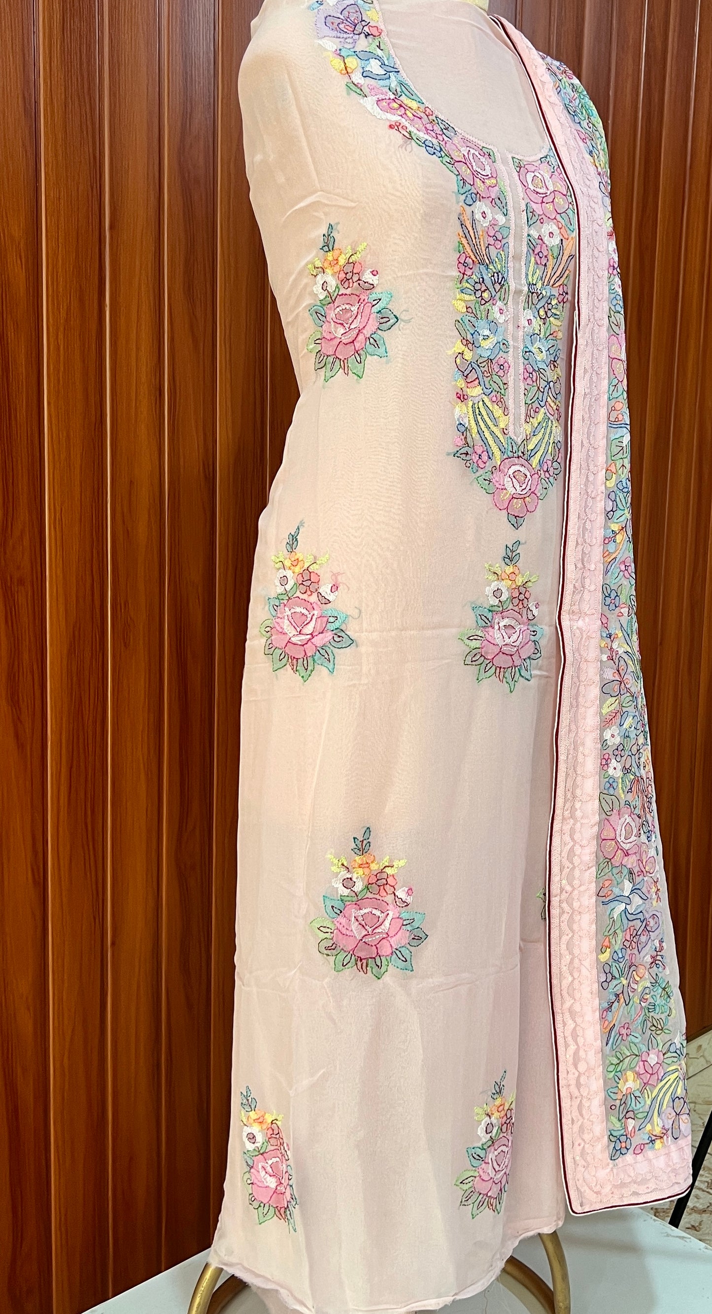 Blush Peach fine Parsi Gara Multicored Shadow Work kurta and dupatta set