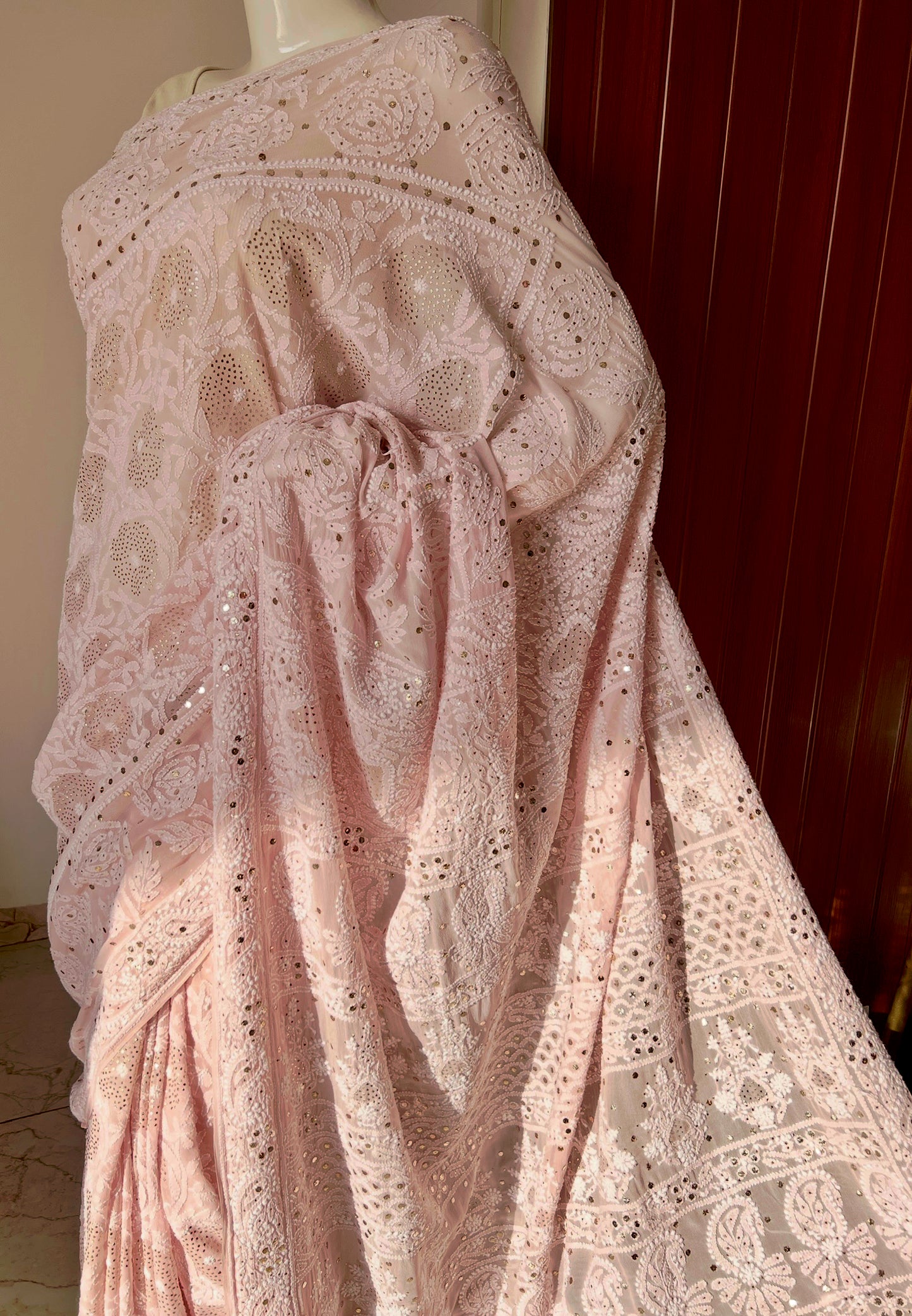 Ruhani Dusty Pink Allover Designer Chikankari and Mukaish Saree