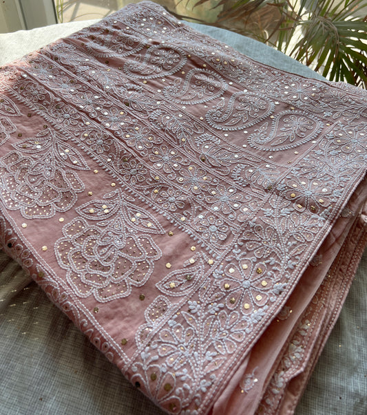 Ruhani Peachish Pink Allover Fine Chikankari and Mukaish Saree