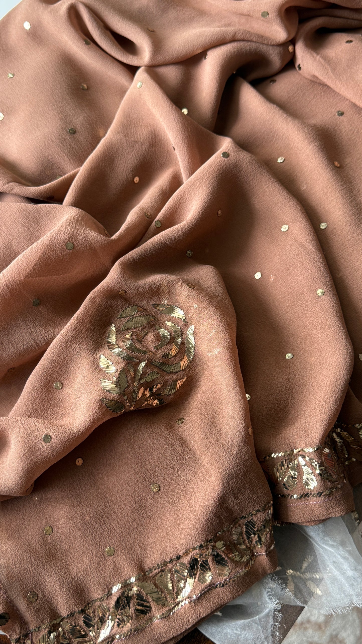 Ruhani cocoa brown heavy badla and Mukaish pure Georgette anarkali and dupatta