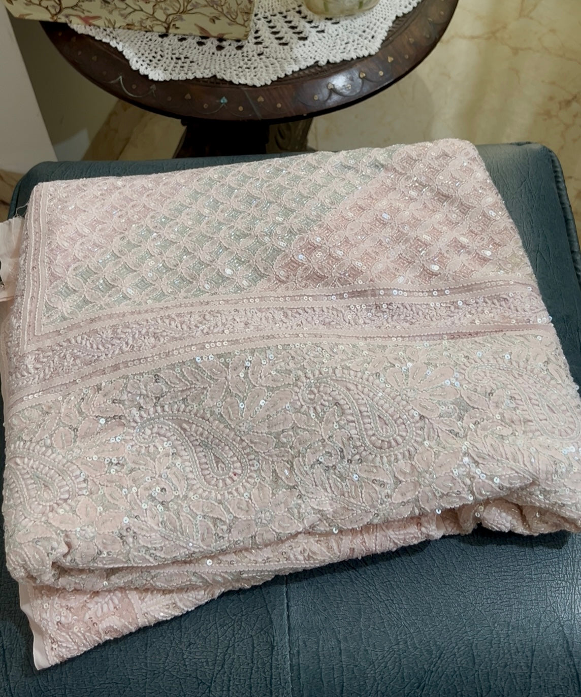 Ruhani Nude Pink Chikankari Lehenga with Multicolored Cut Dana and sequins Work