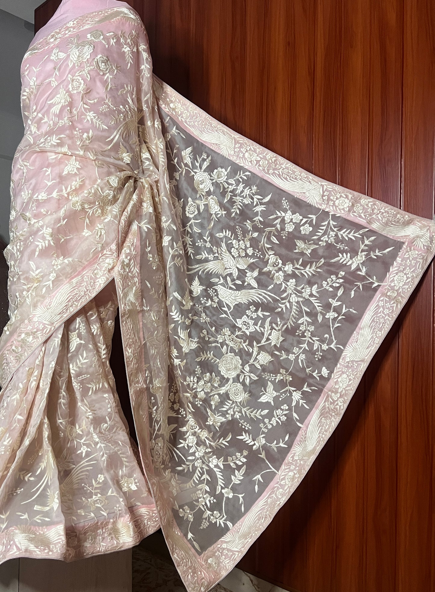 Light Pink Masterpiece Parsi Gara Hand Embroidered Pure Organza Saree