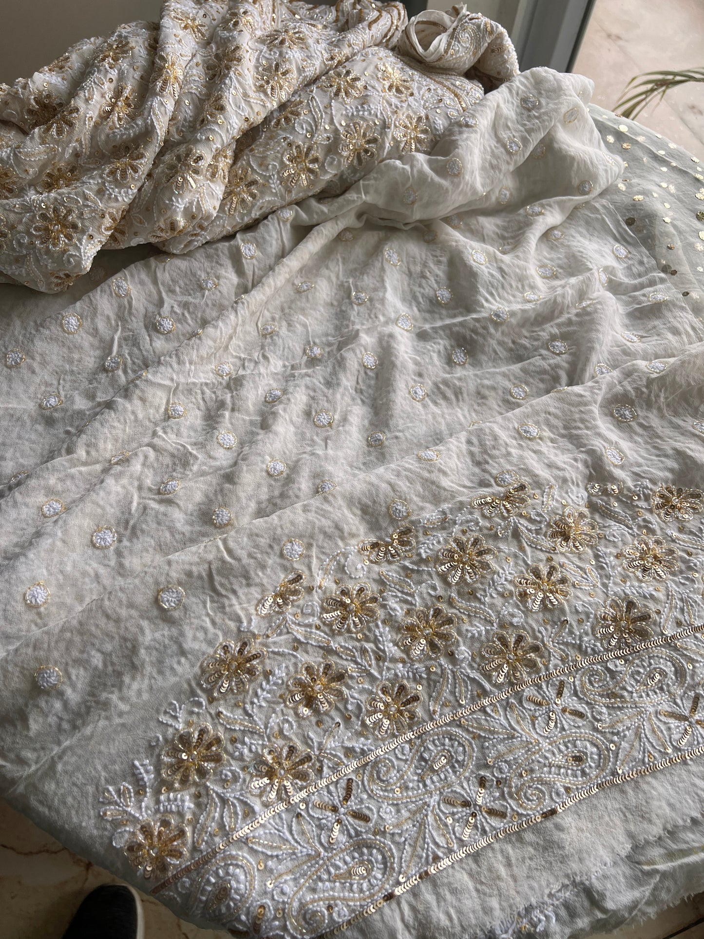 Ruhani Off White Chikankari Sequins Cut Dana Embroidered Masterpiece Saree