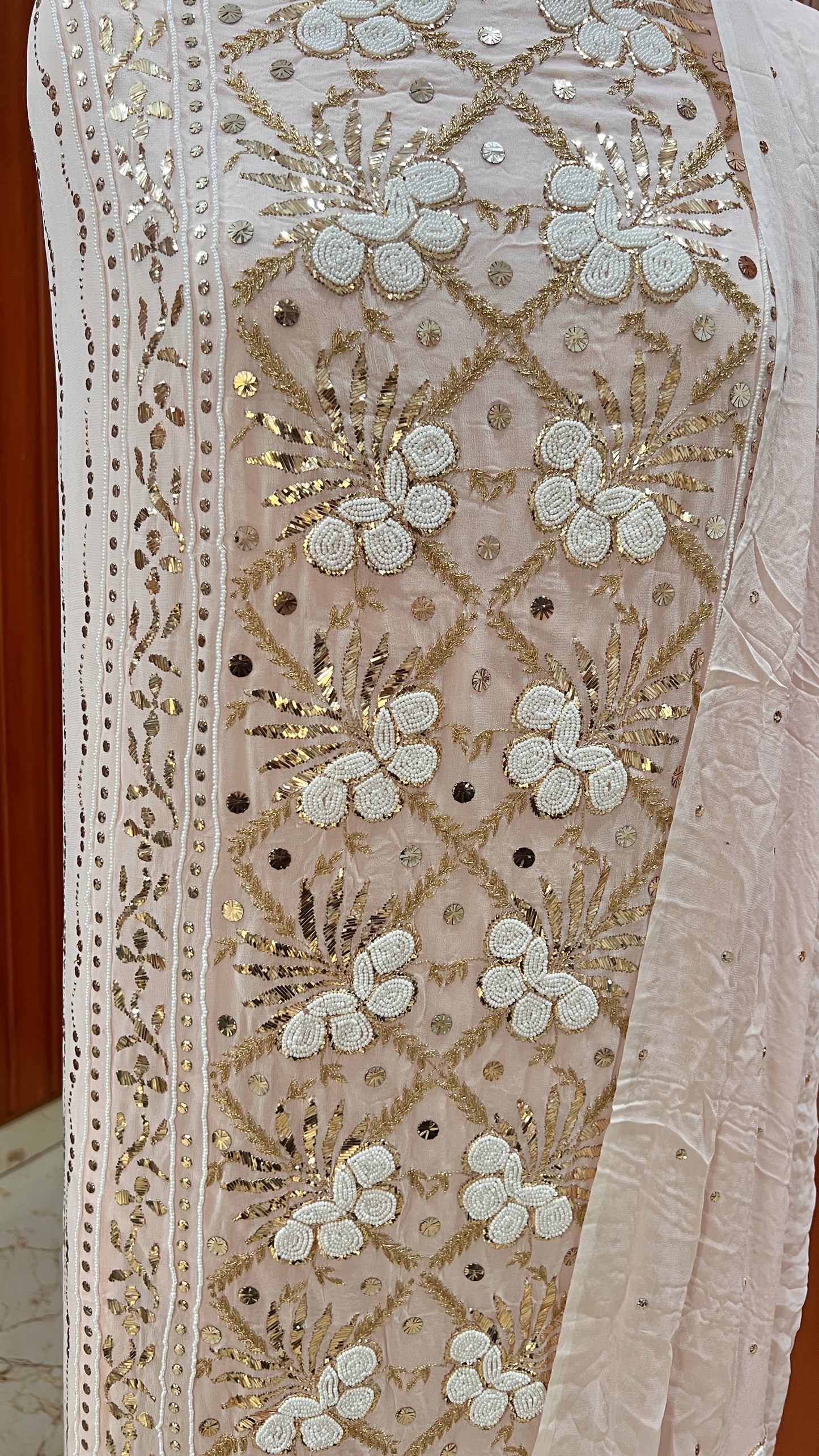 Ruhani Nude Pink Badla and Pearl Embroidered Kurta & Dupatta Set