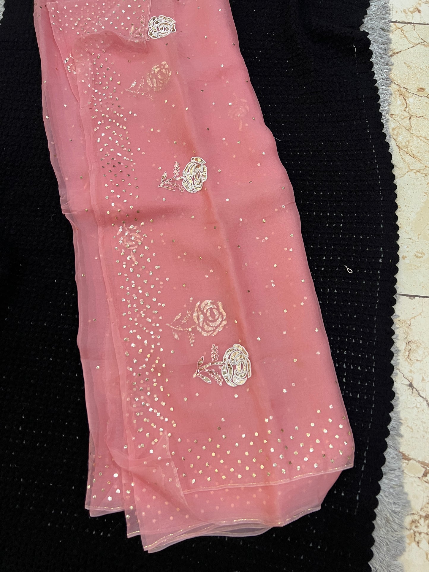 Rose Pink Pure Organza Saree with Pearl Badla and Mukaish Work