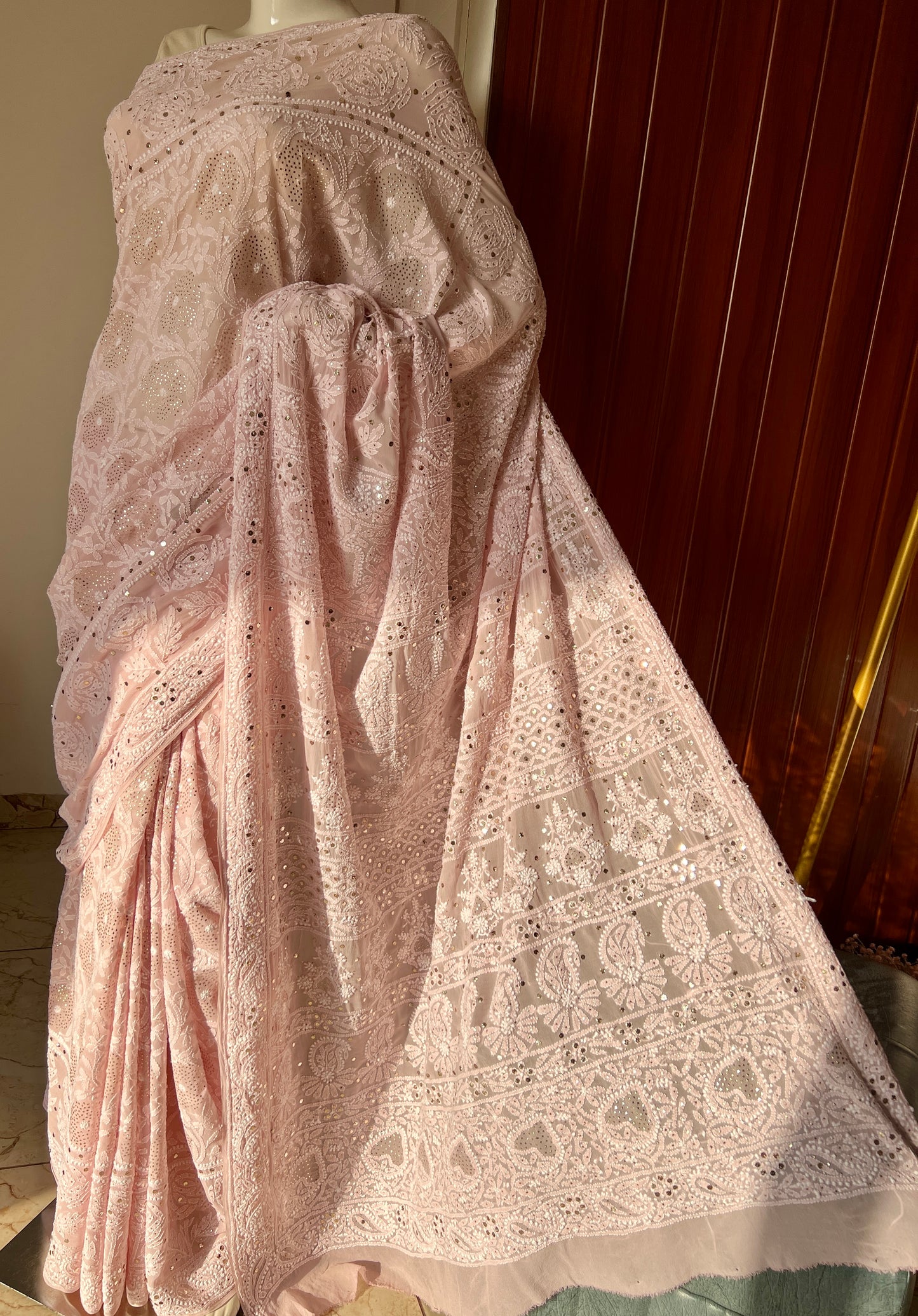 Ruhani Dusty Pink Allover Designer Chikankari and Mukaish Saree