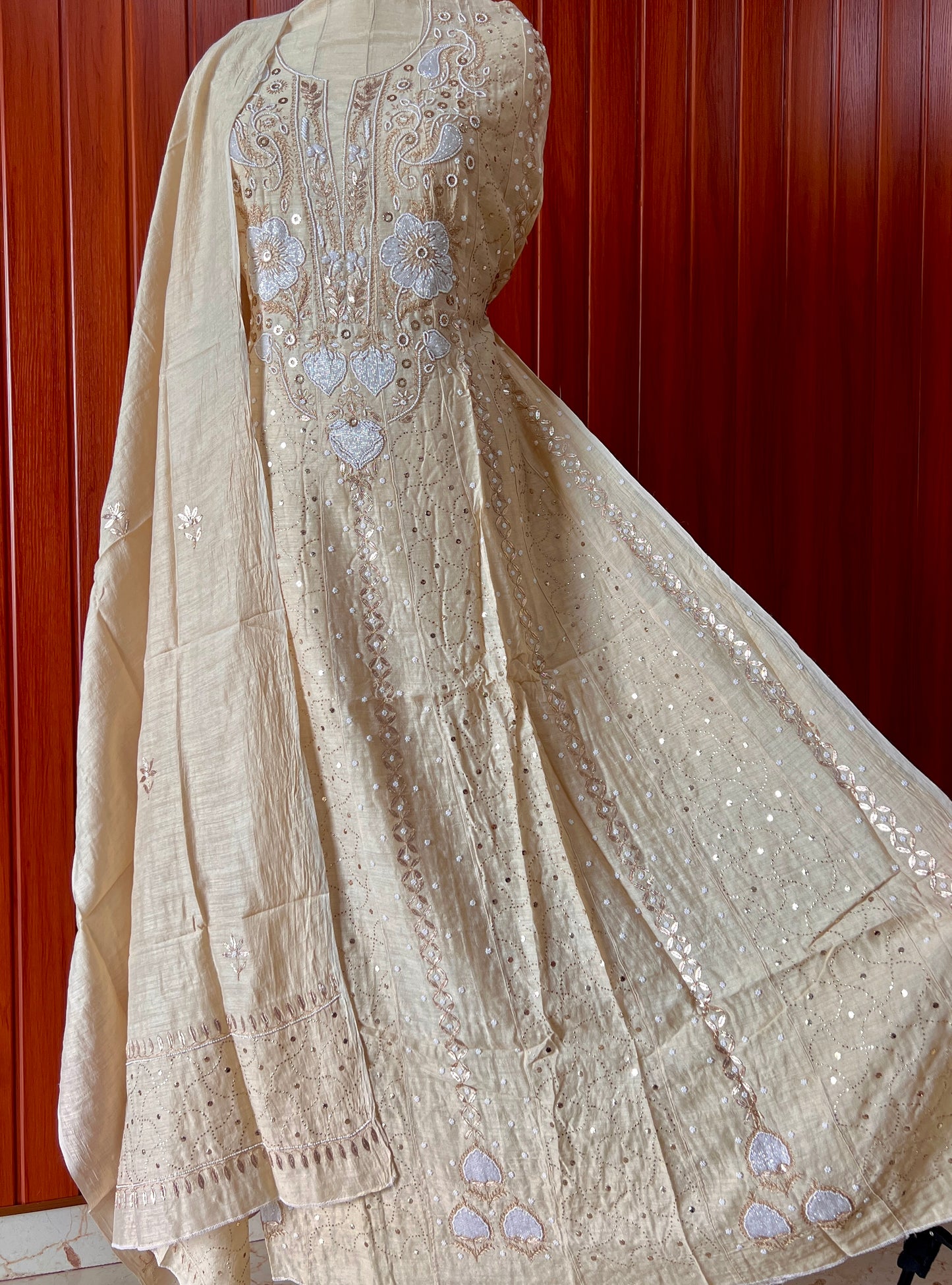 Pure Moonga Silk Anarkali with pearl and Mukaish work
