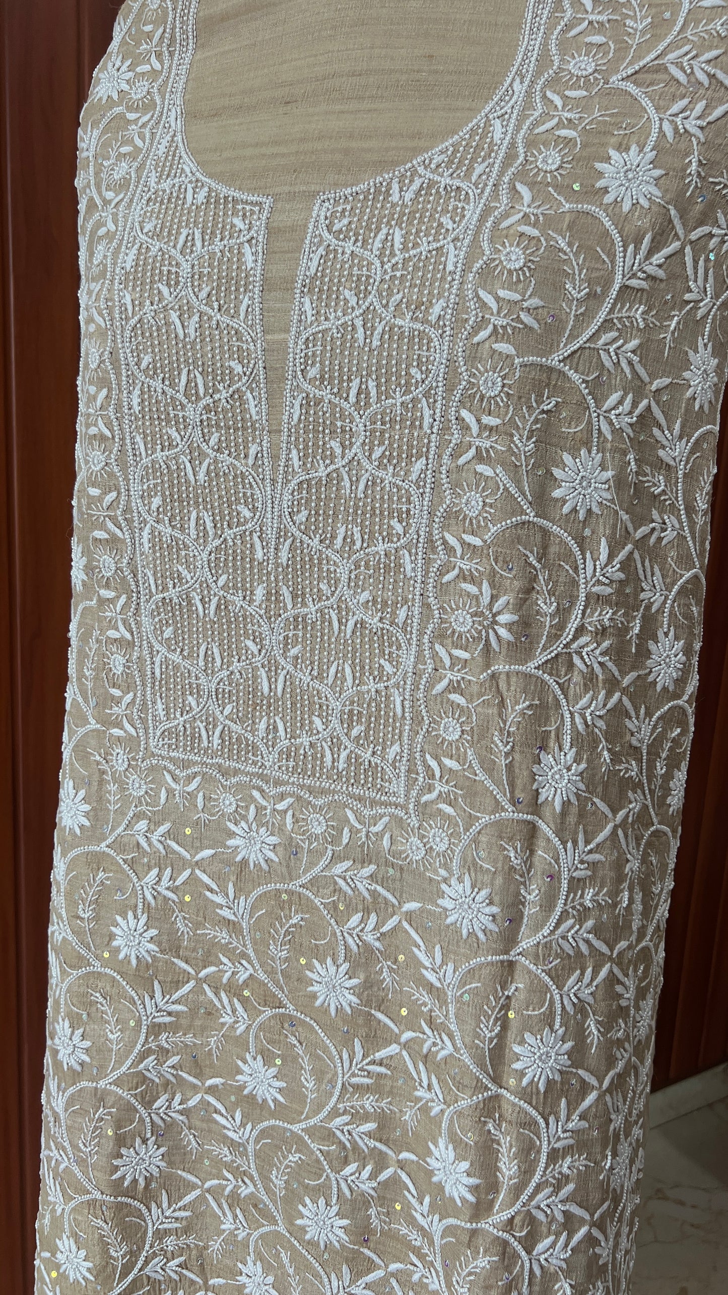 Pure Tussar silk Chikankari and pearl embroidered kurta and dupatta
