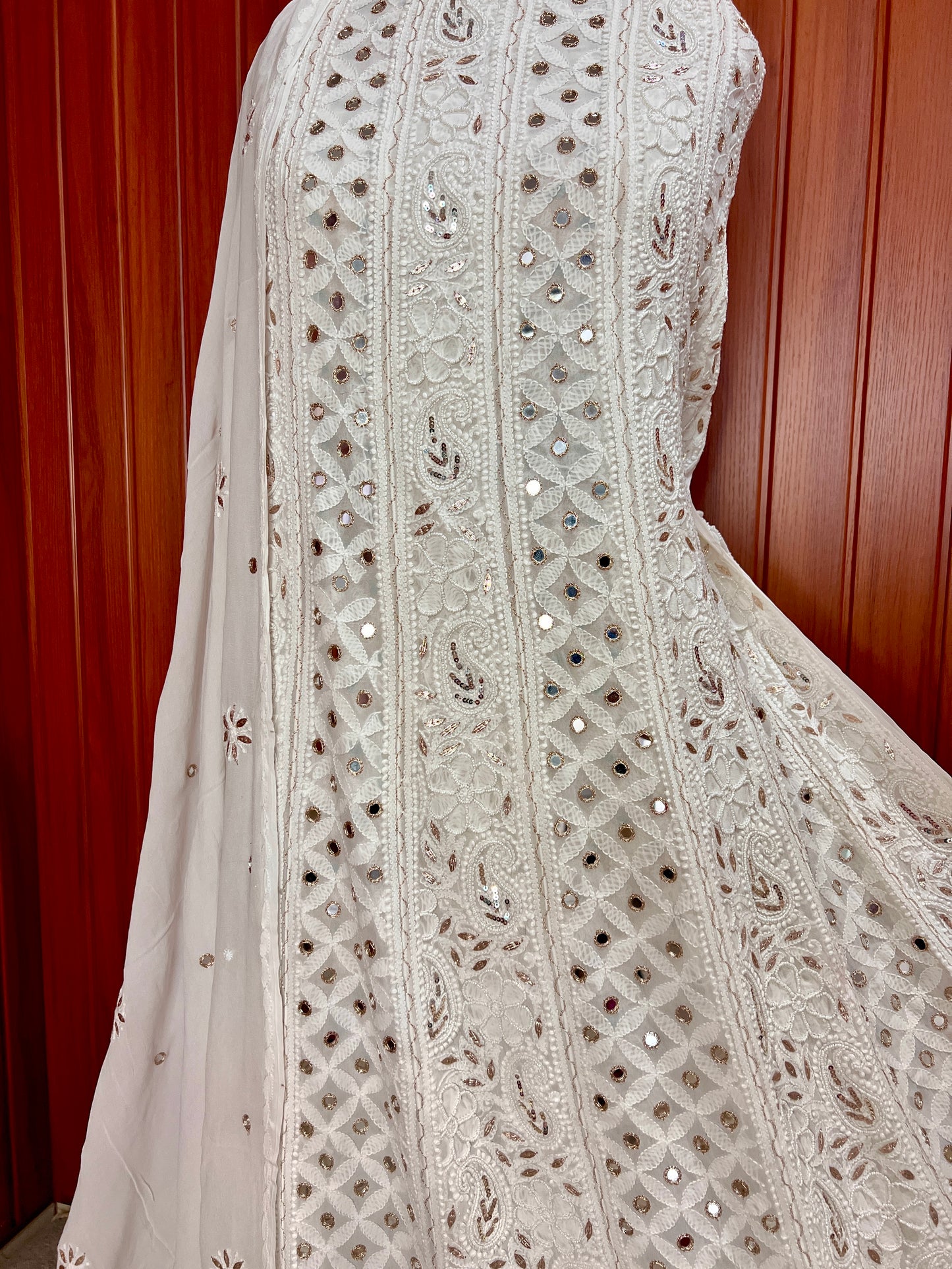 Off White Chikankari Mirror Pearl Sequins Anarkali with Dupatta