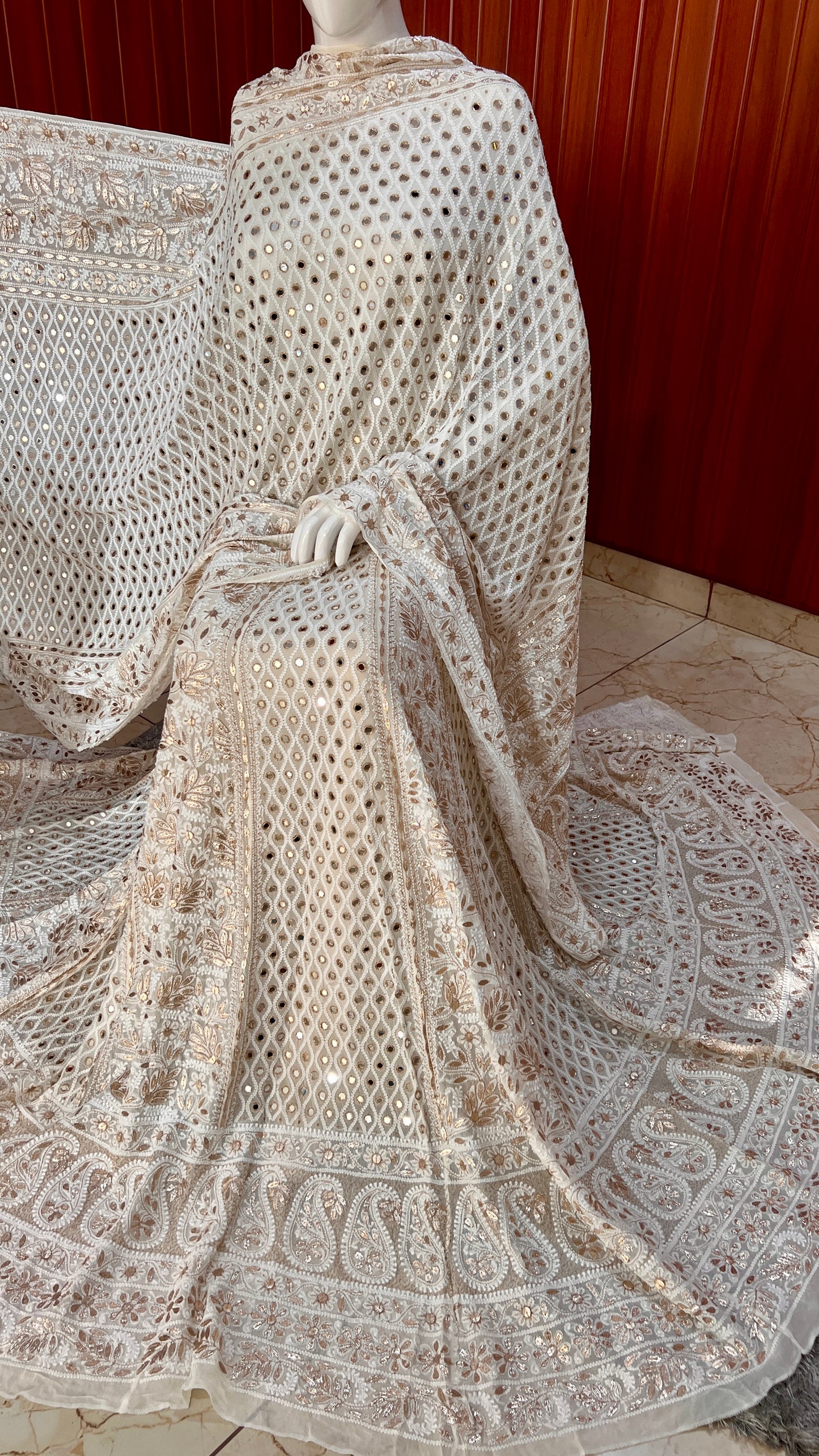 Ivory Ruhani Chikankari Mirror Gota Patti Wedding Lehenga