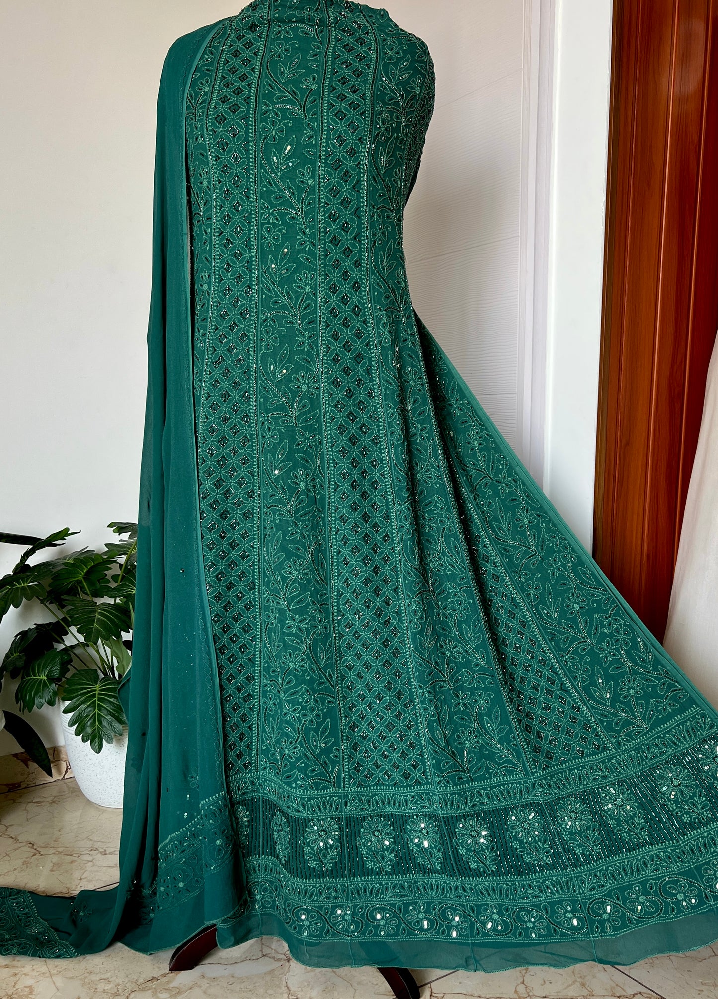 Bottle Green Chikankari Cut Dana and sequins Anarkali with Dupatta