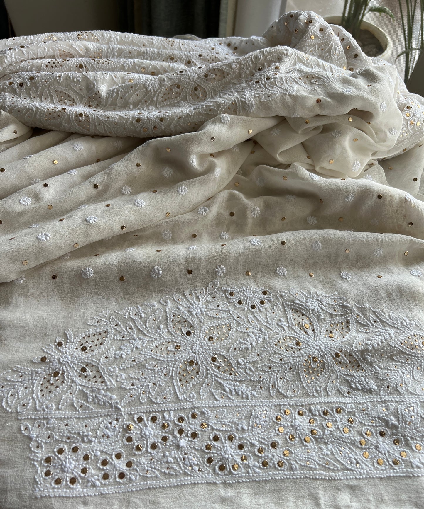 Ruhani Ivory Allover Designer Chikankari and Mukaish Saree