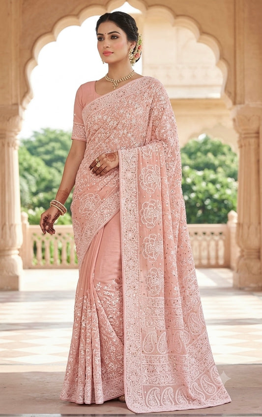 Ruhani Peachish Pink Allover Fine Chikankari and Mukaish Saree