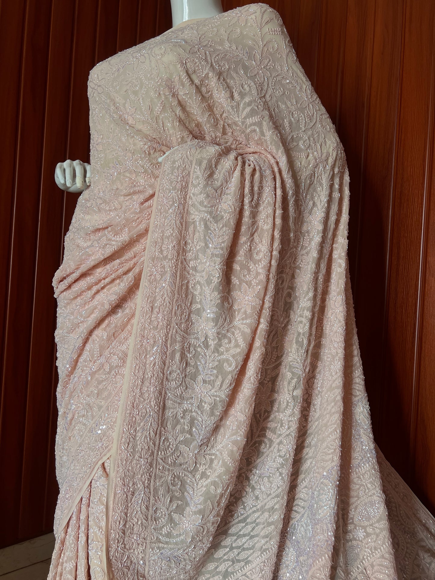 Ruhani Light Peach Chikankari Cut Dana and Sequins Saree