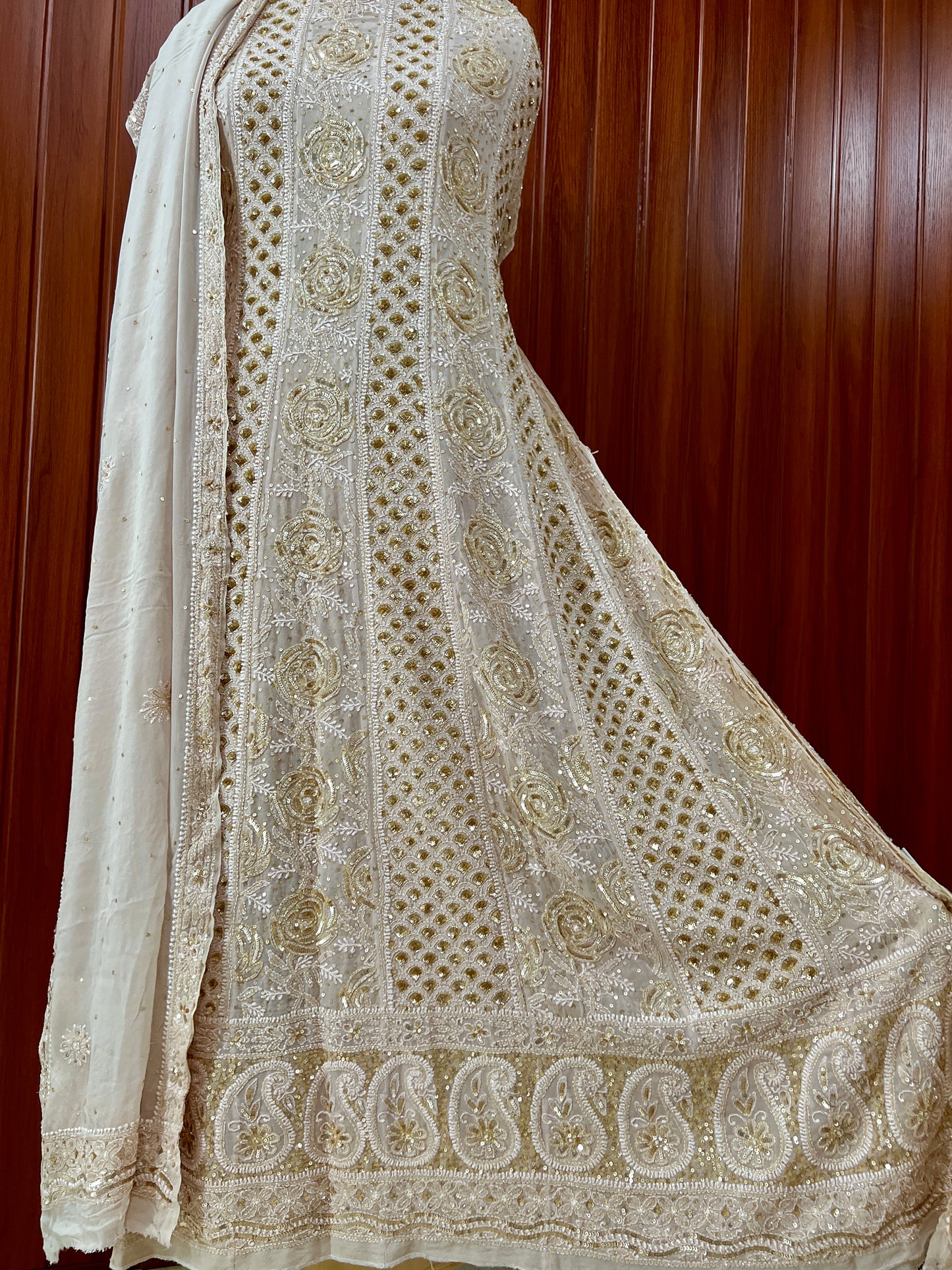 Ruhani Golden Beige Chikankari Sequins and Cut Dana Anarkali