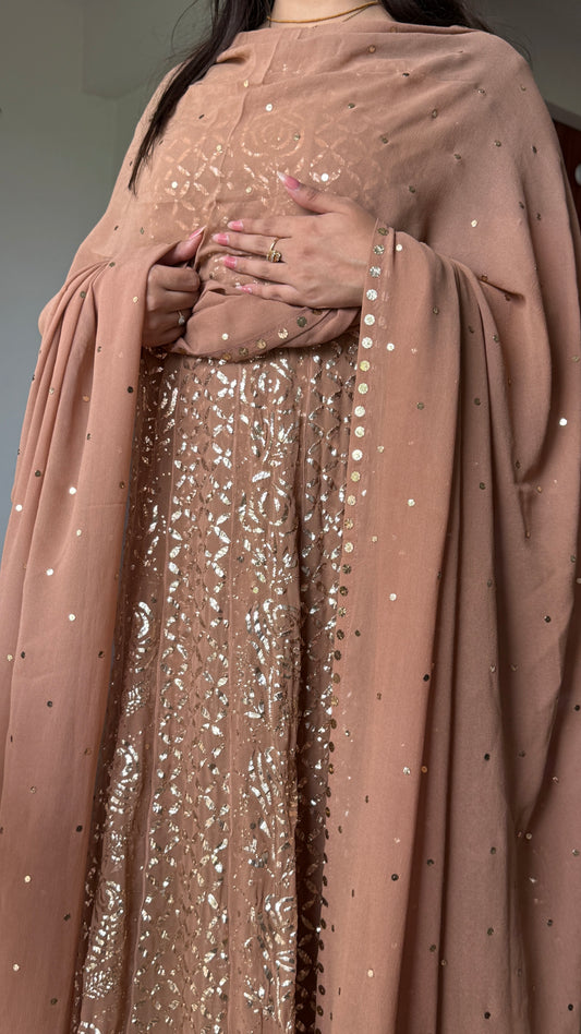 Ruhani cocoa brown heavy badla and Mukaish pure Georgette anarkali and dupatta