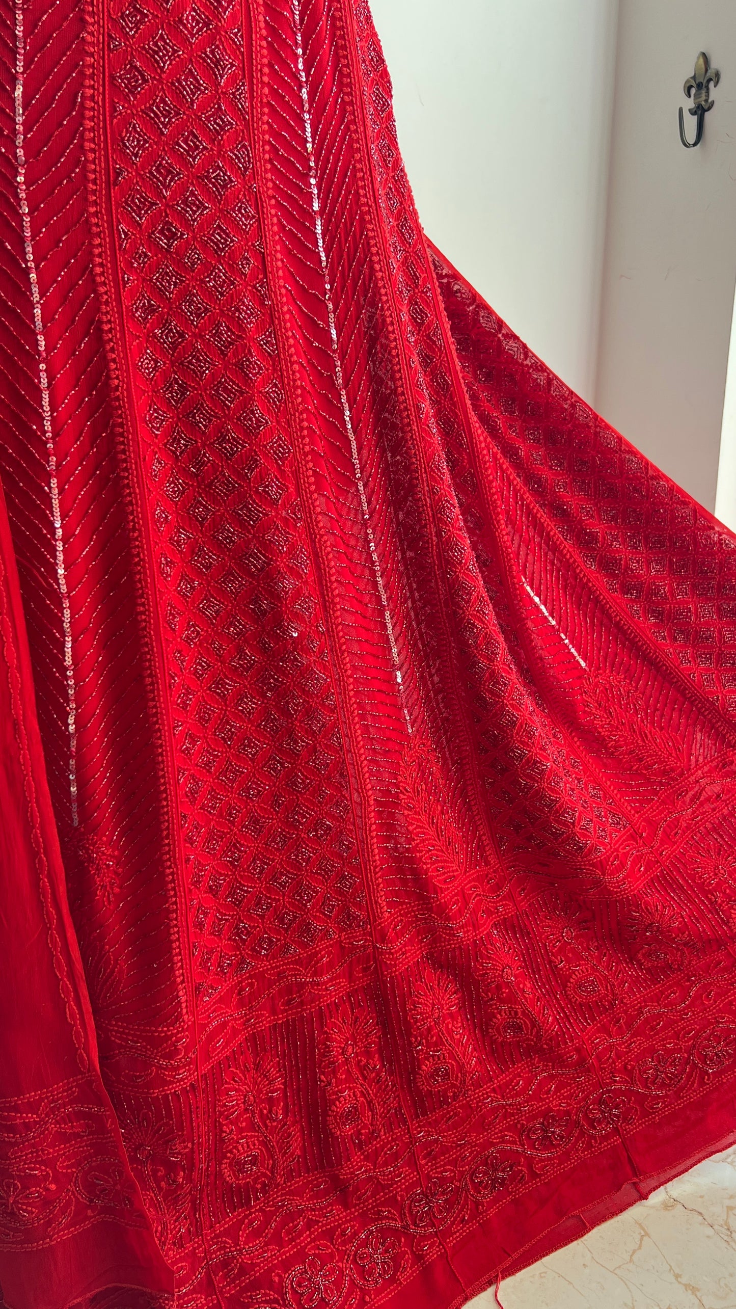 Red Chikankari Cut Dana and sequins Anarkali with Dupatta