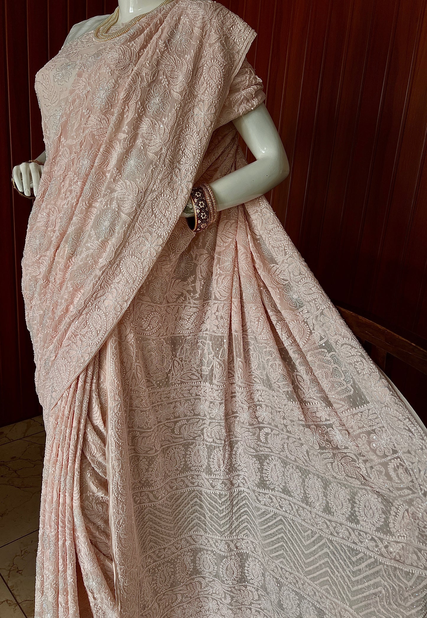 Ruhani Light Peach Chikankari and Cut Dana Saree