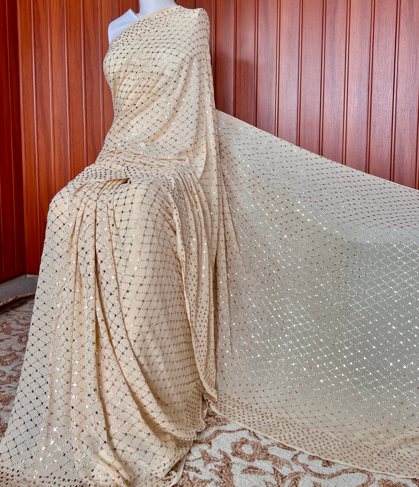 Ruhani Champagne designer mukaish work saree