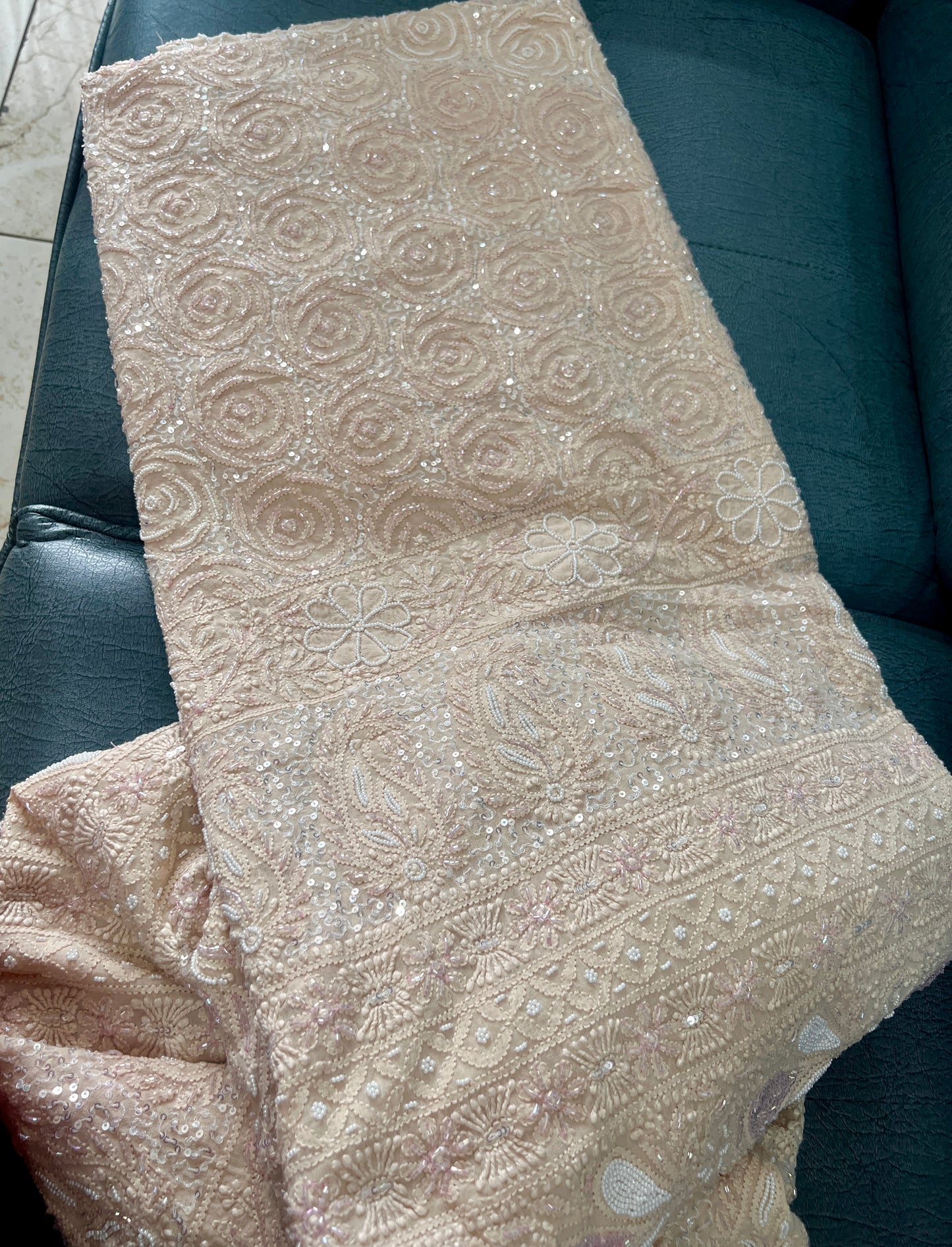 Ruhani Beige Chikankari Cut Dana and Sequins Saree
