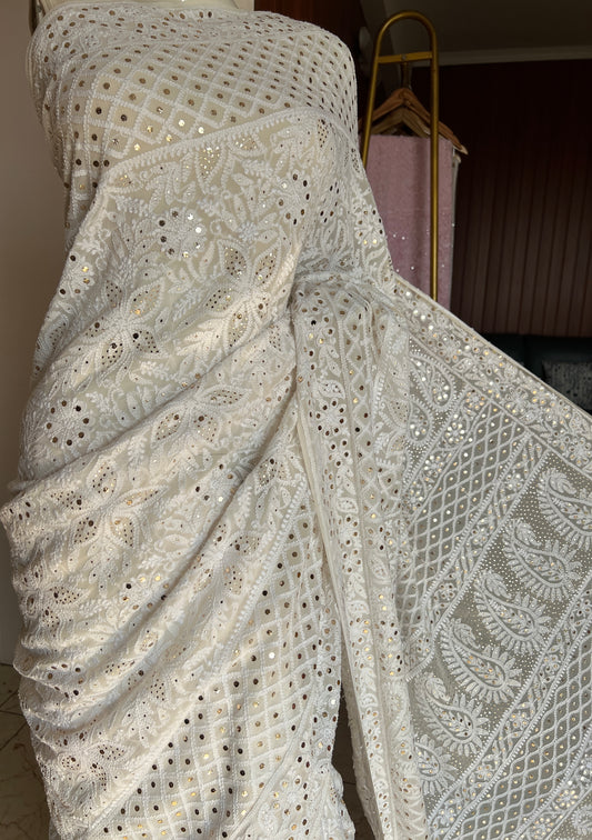 Ruhani Ivory Allover Designer Chikankari and Mukaish Saree