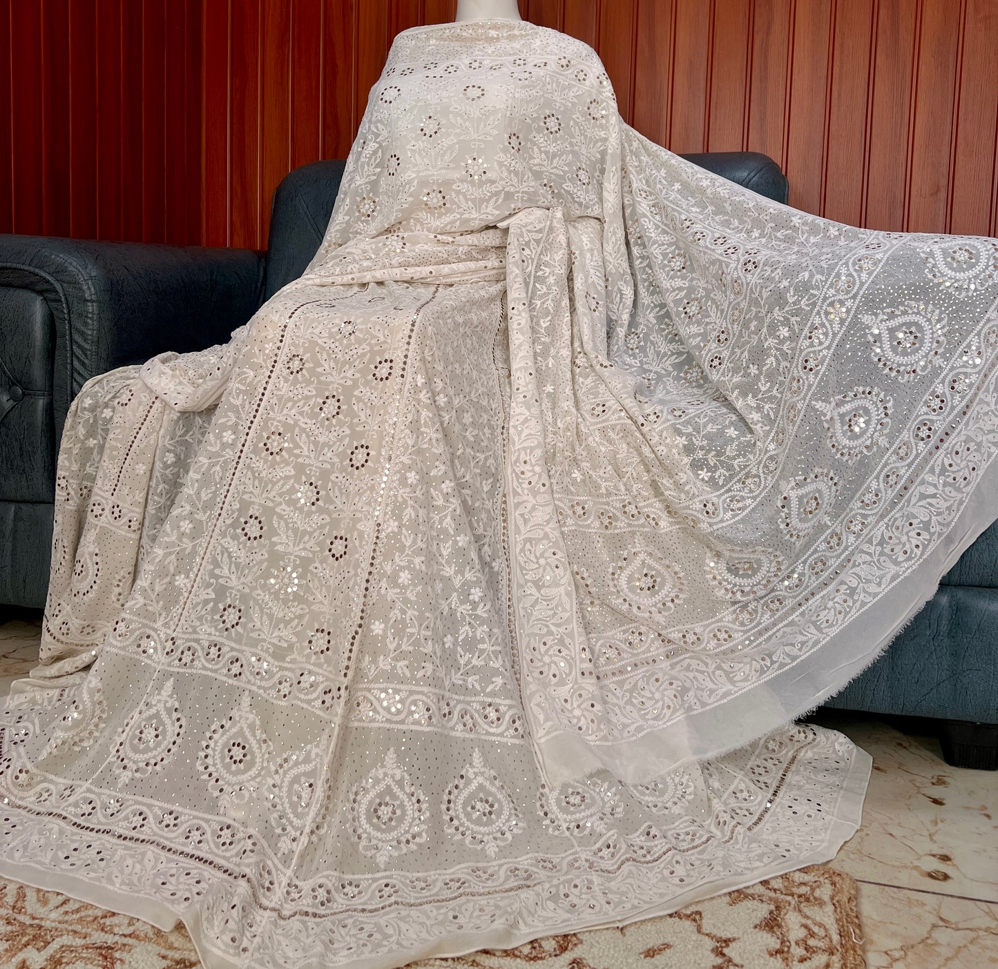 Ruhani fine Chikankari and intricate Mukaish Lehenga Set