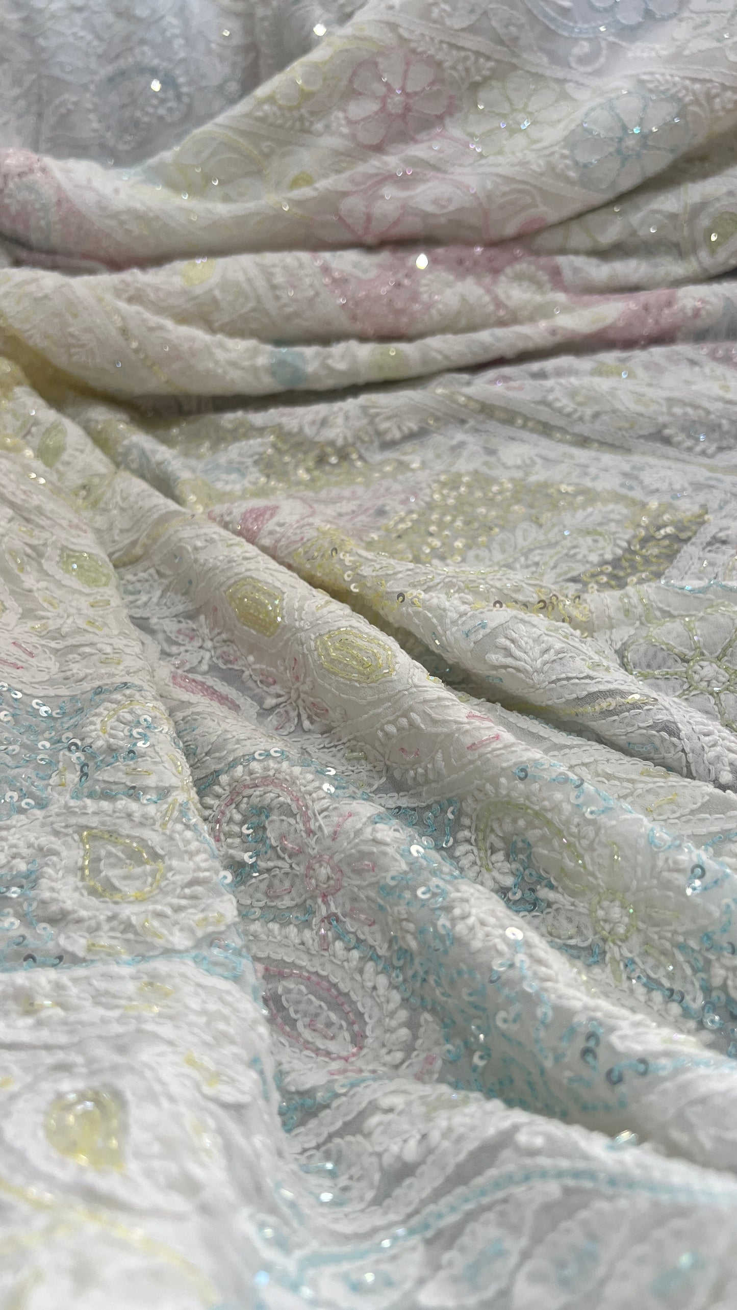 Ruhani White Chikankari and Multicolored Cut Dana Sequins Saree