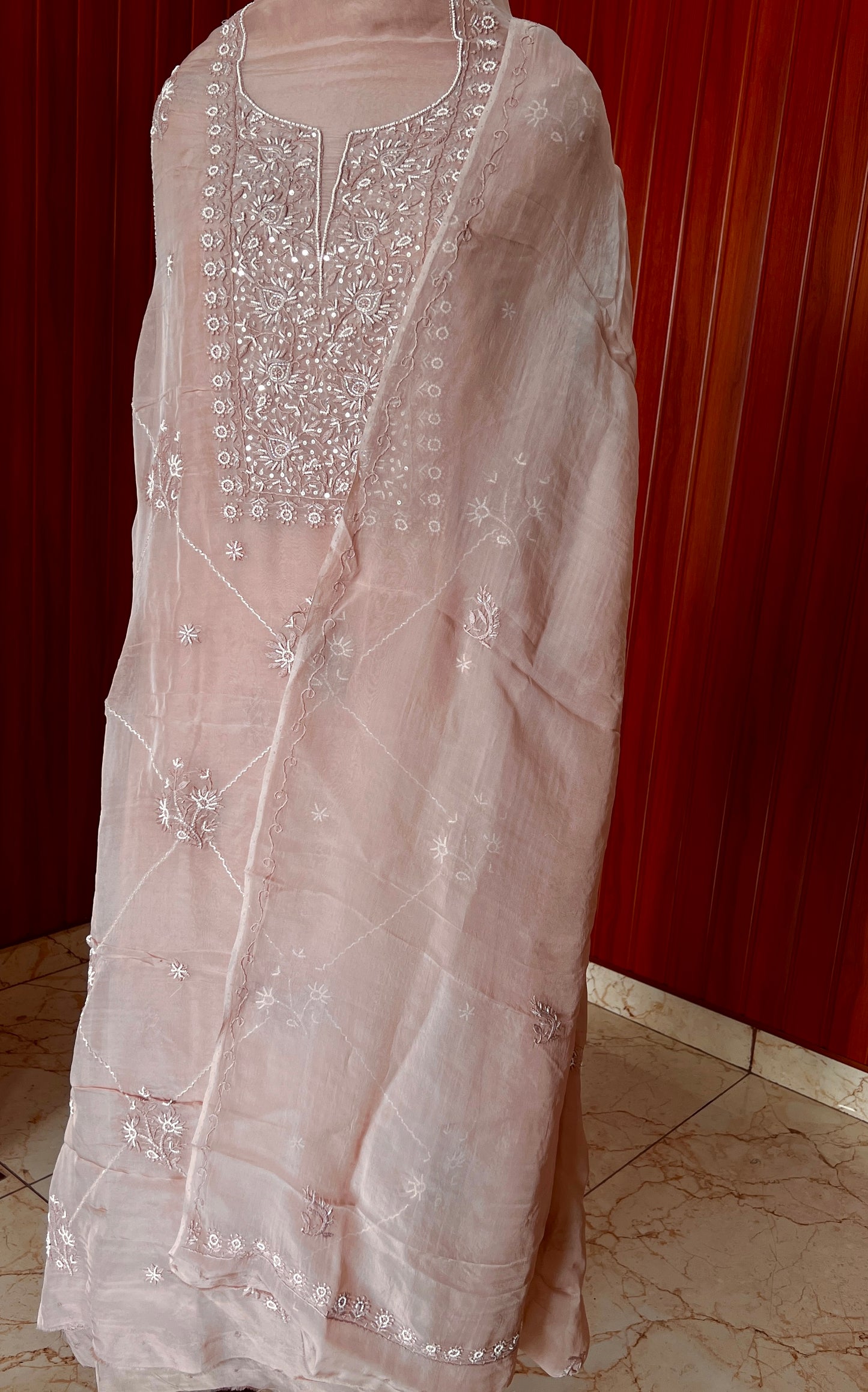 Nude brown Chikankari and pearl work Organza kurta with dupatta