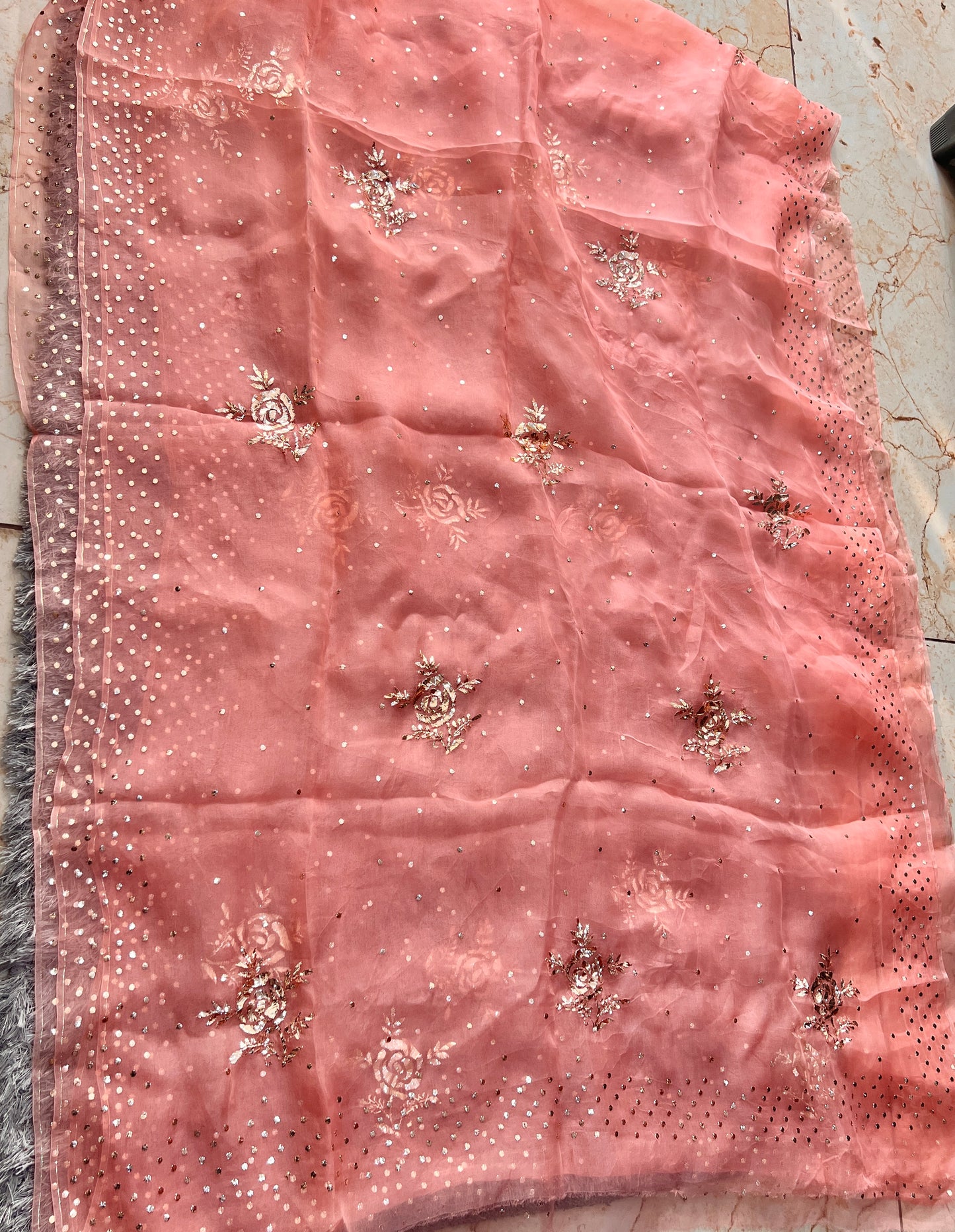 Coral Pure Organza Saree with Badla and Mukaish Work